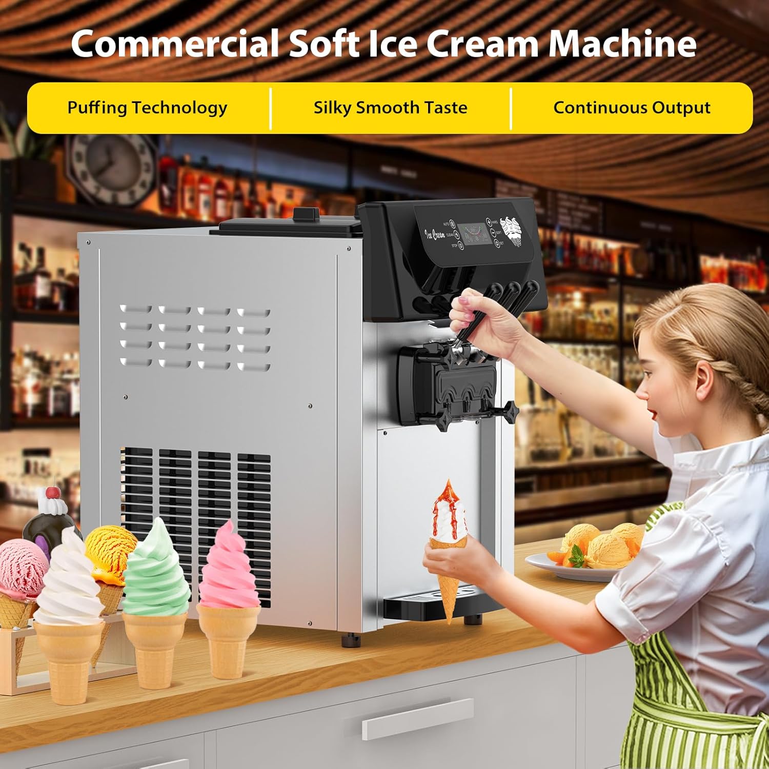 Takywep Commercial Ice Cream Machine - 2200W Soft Ice Cream Maker 5.3 to 7.4 Gal/Hour, 2 X 6L Rangers, LED Display, 3 Flavors Ice Cream Maker for Restaurants Snack, Cream Shops, Silver