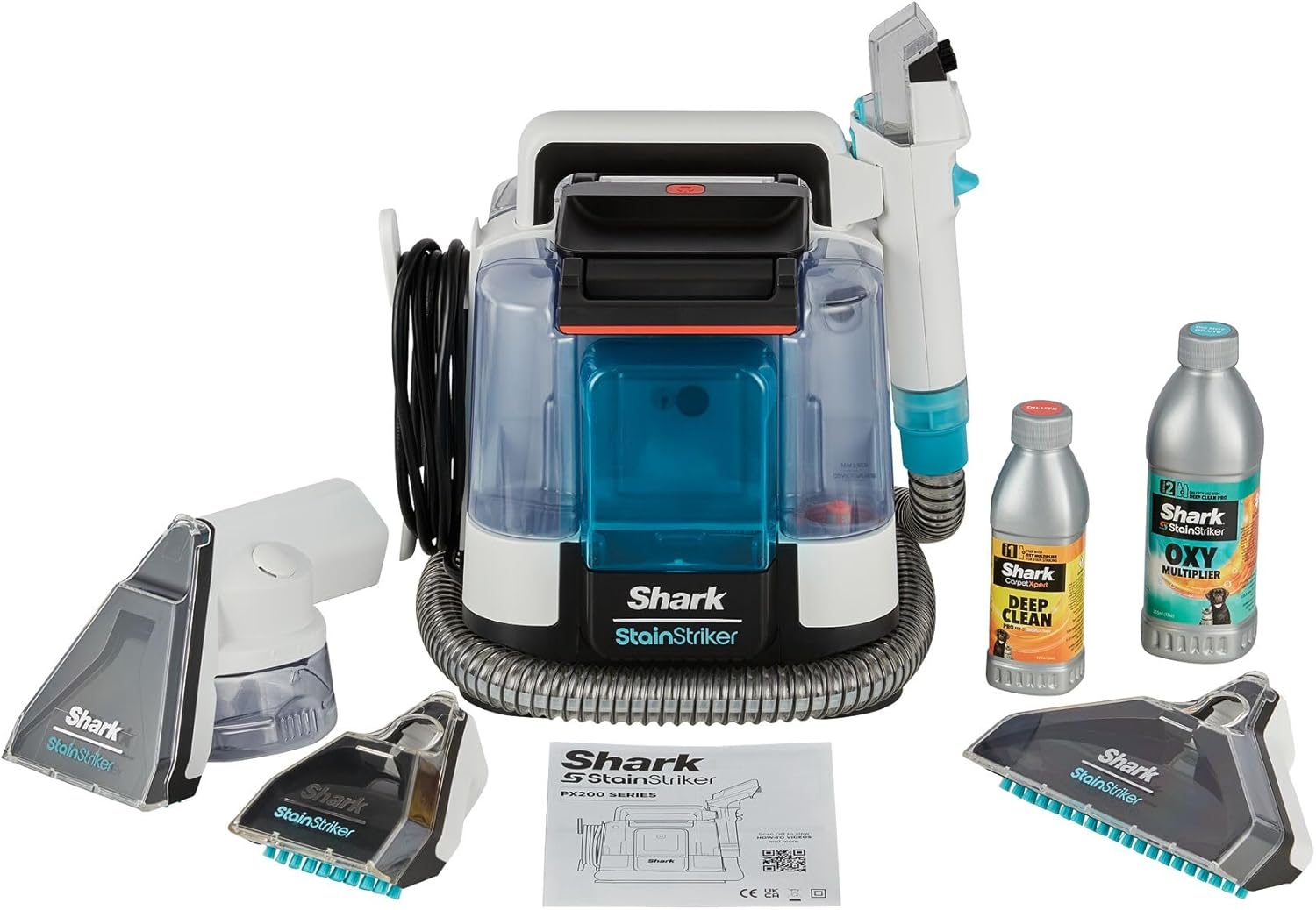 Shark StainStriker Fleckenreiniger mit 5 Aufsätze inkl. Haustier-, Fugendüse & Schlauchreiniger, 2x speziell entwickelte Formeln gegen Flecken, Gerüche und Schmutz, leicht und tragbar, 450W PX200EUT