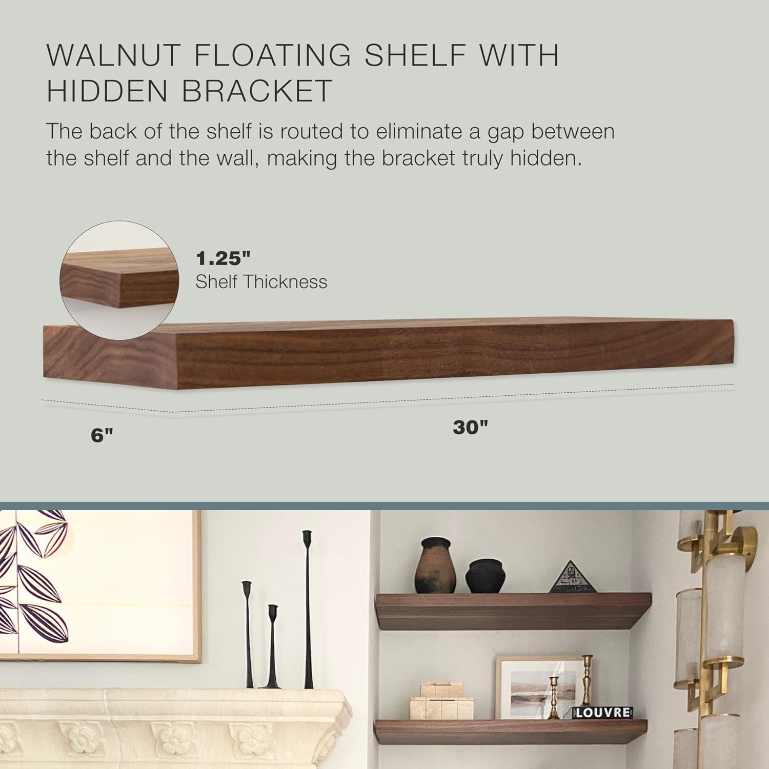 UltraShelf Solid Wood Floating Shelf for Wall Decor, Walnut, 30" Long x 6" Deep