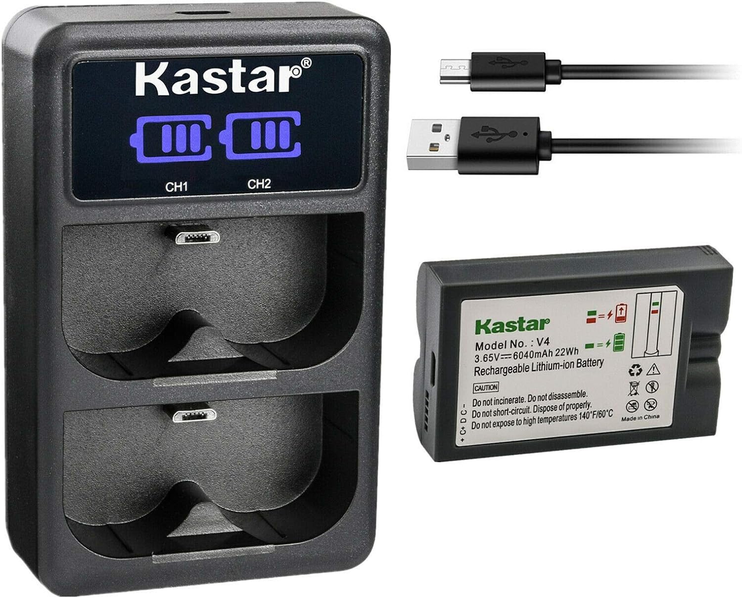 Kastar 1 Pack V4 Battery and LCD Dual USB Charger Compatible with Ring V4 Battery, Ring 8AB1S7 Battery, Ring Doorbell 2, Ring Video Doorbell 2 3 Camera, Ring Door View Cam, Ring Spotlight Cam V4