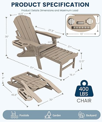 Miniatura 3 de FOOWIN Silla Adirondack plegable ajustable con otomana retráctil, silla Adirondack de polietileno de alta densidad con bandejas 4 en 1, resistente a