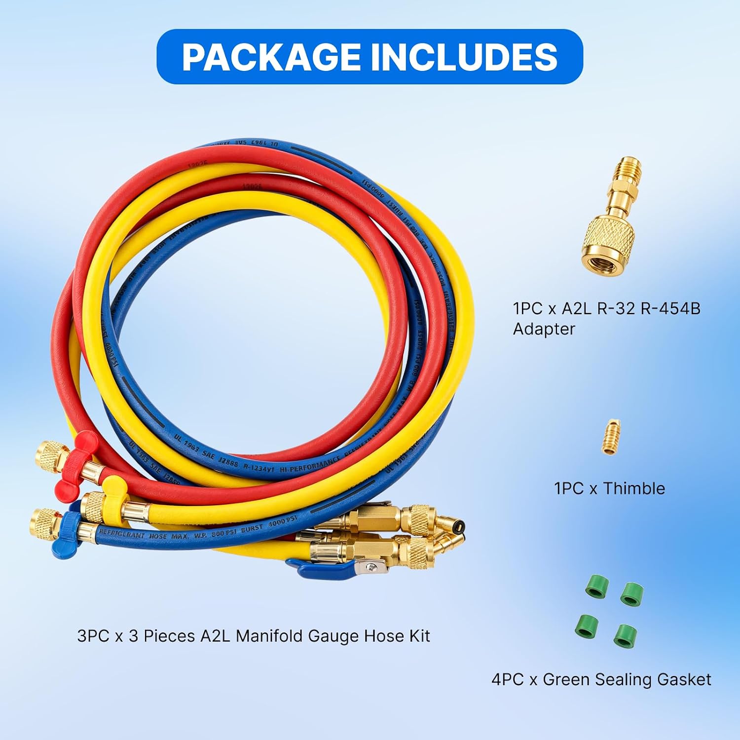 A2L Refrigerant Hose Set with Ball Valve, 1/4" Left-Handed AC Charging Hose