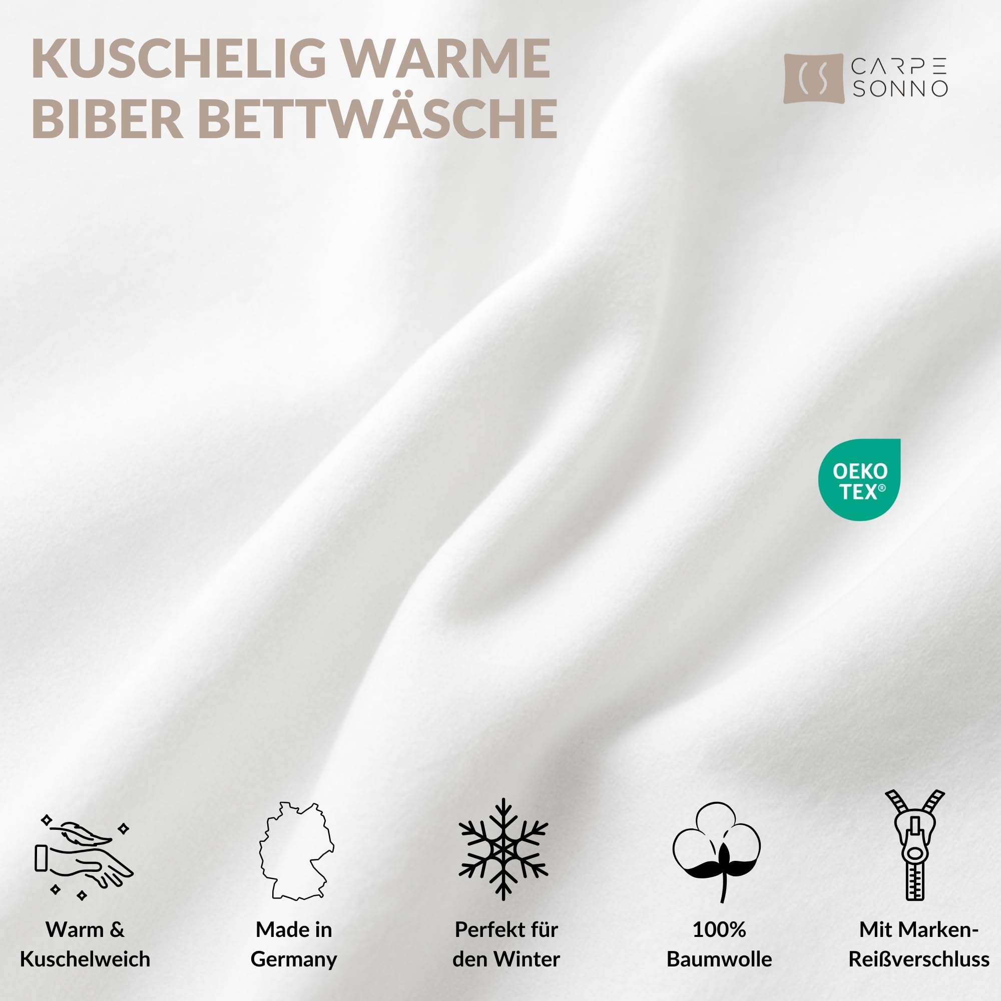 Carpe Sonno Biber Bettwäsche 135x200cm Weiß [Made in Germany] - 100% Baumwolle - Set 2 teilig Kissen und Decke | Flanell Bettwäsche 135x200 Winter | Biber Bettbezug | Winterbettwäsche kuschelig
