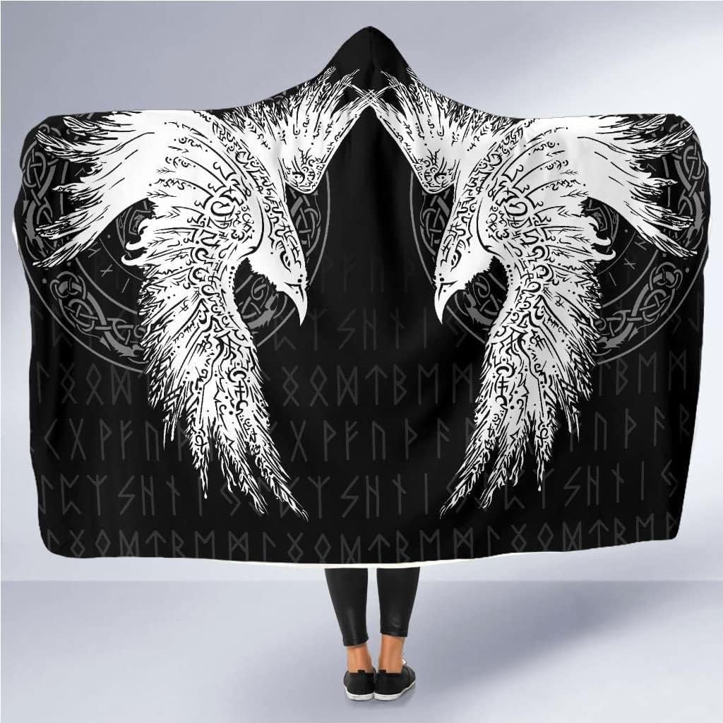 Viking Hooded Blanket Crow Wearable Blanket Norse Myth Odin's Ravens Huginn and Muninn Celtic Knot Rune Tattoo Totem Cloak Flannel Lining Super Soft Cozy Home Leisure(80x60in/150x200cm)