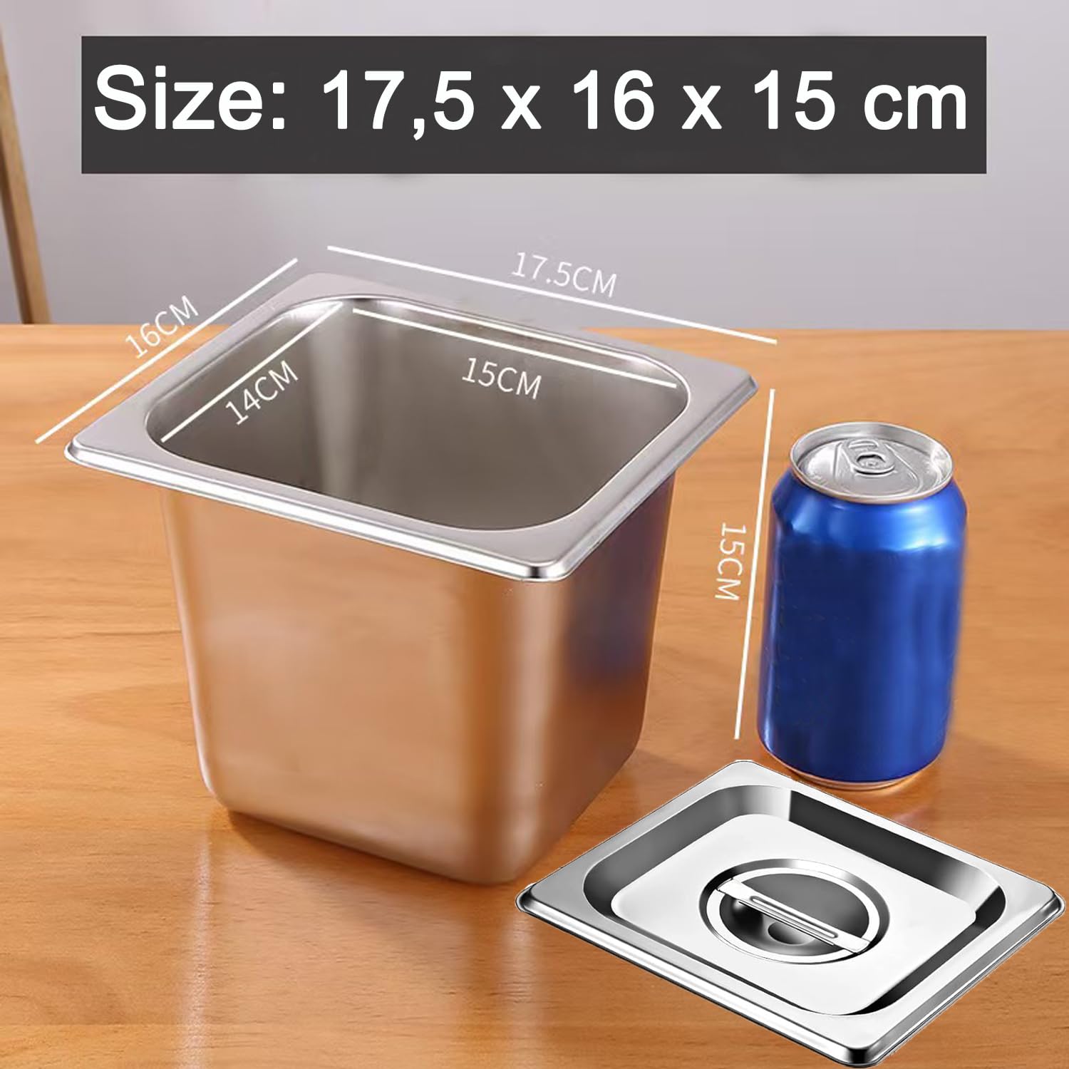 4 contenitori in acciaio inox con coperchio, 150 mm di altezza, contenitore per alimenti in acciaio inox, gastronorm 1/6 resistente al calore, 17,5 x 16 x 15 cm