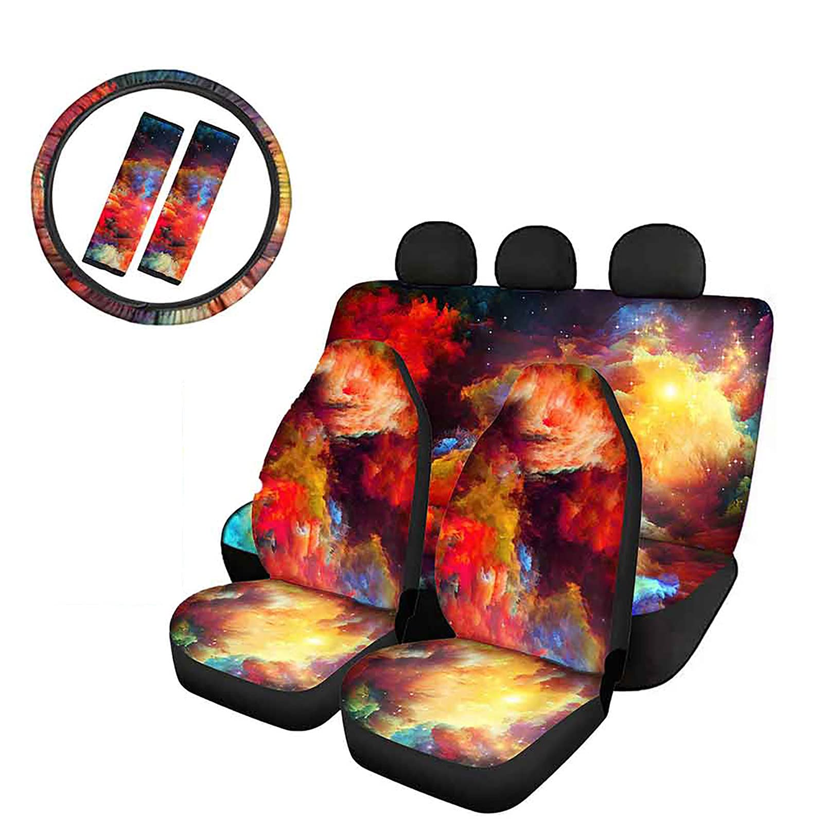 Poceacles - Coprisedili colorati per auto, da donna, 4 pezzi, anteriore/posteriore, con 2 cuscinetti per cinture di sicurezza e 1 coprivolante, coprivolante universale