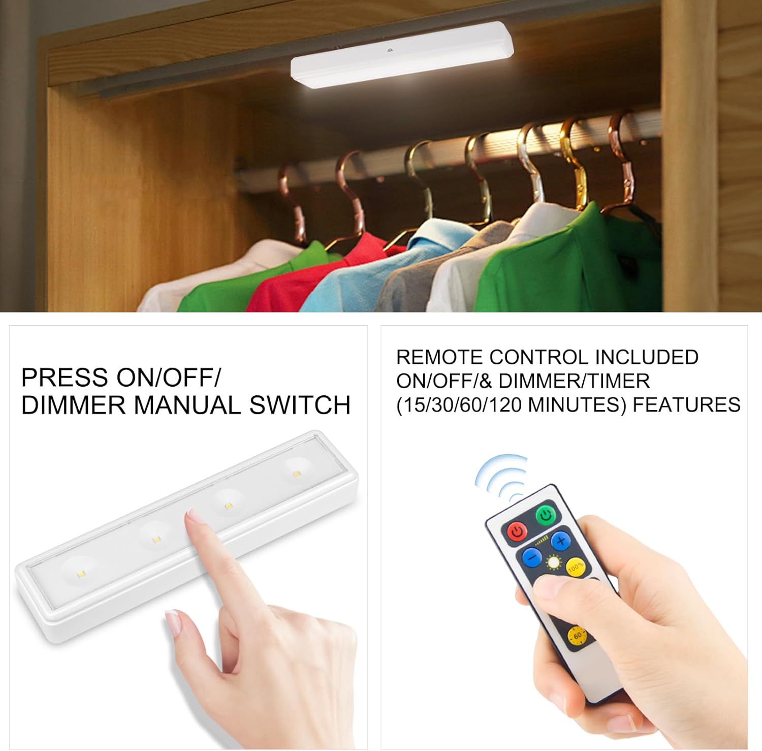 BIGMONAT Under Cabinet Lighting Wireless, Battery Operated Lights with Remote, 3000K Warm White Dimmable Push Light,80 Lumen Stick-On LED Lighting Bar for Shelf, Kitchen, Hallway, Pantry (6PACK)