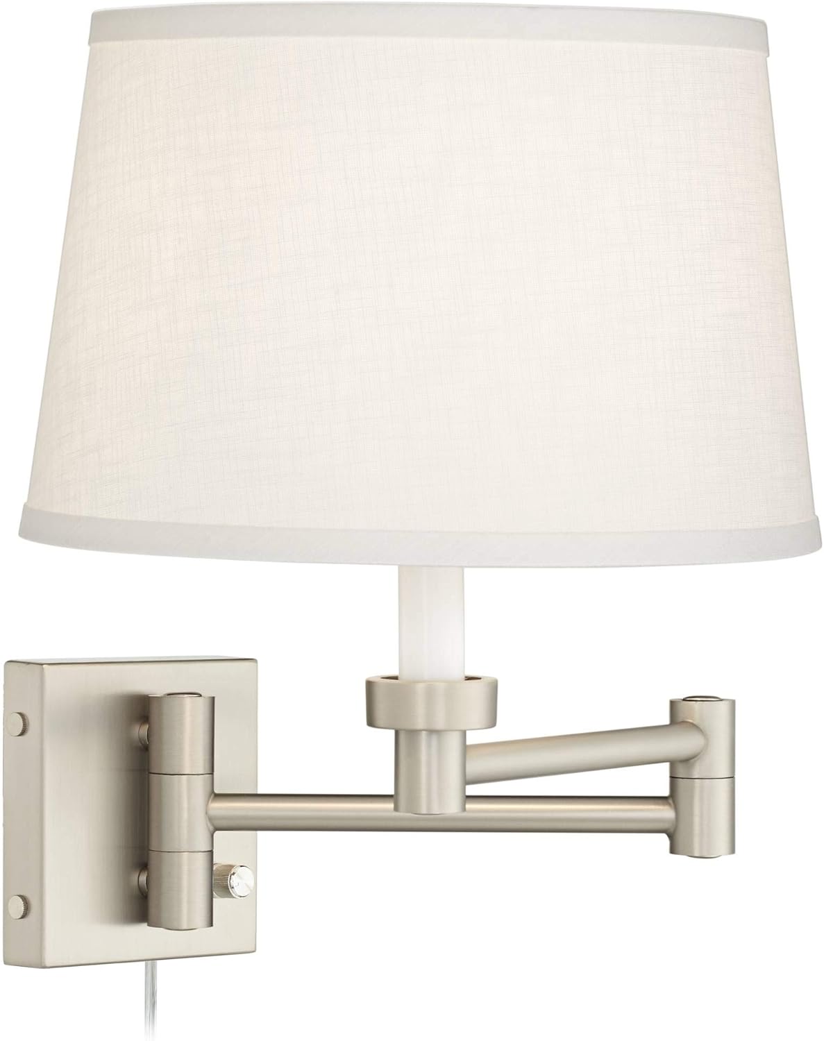 Possini Euro Design Modern Indoor Swing Arm Wall Lamp Brushed Nickel Plug-in Light Fixture Dimmable White Linen Tapered Drum Shade for Bedroom Bedside House Reading Living Room Home Hallway Dining