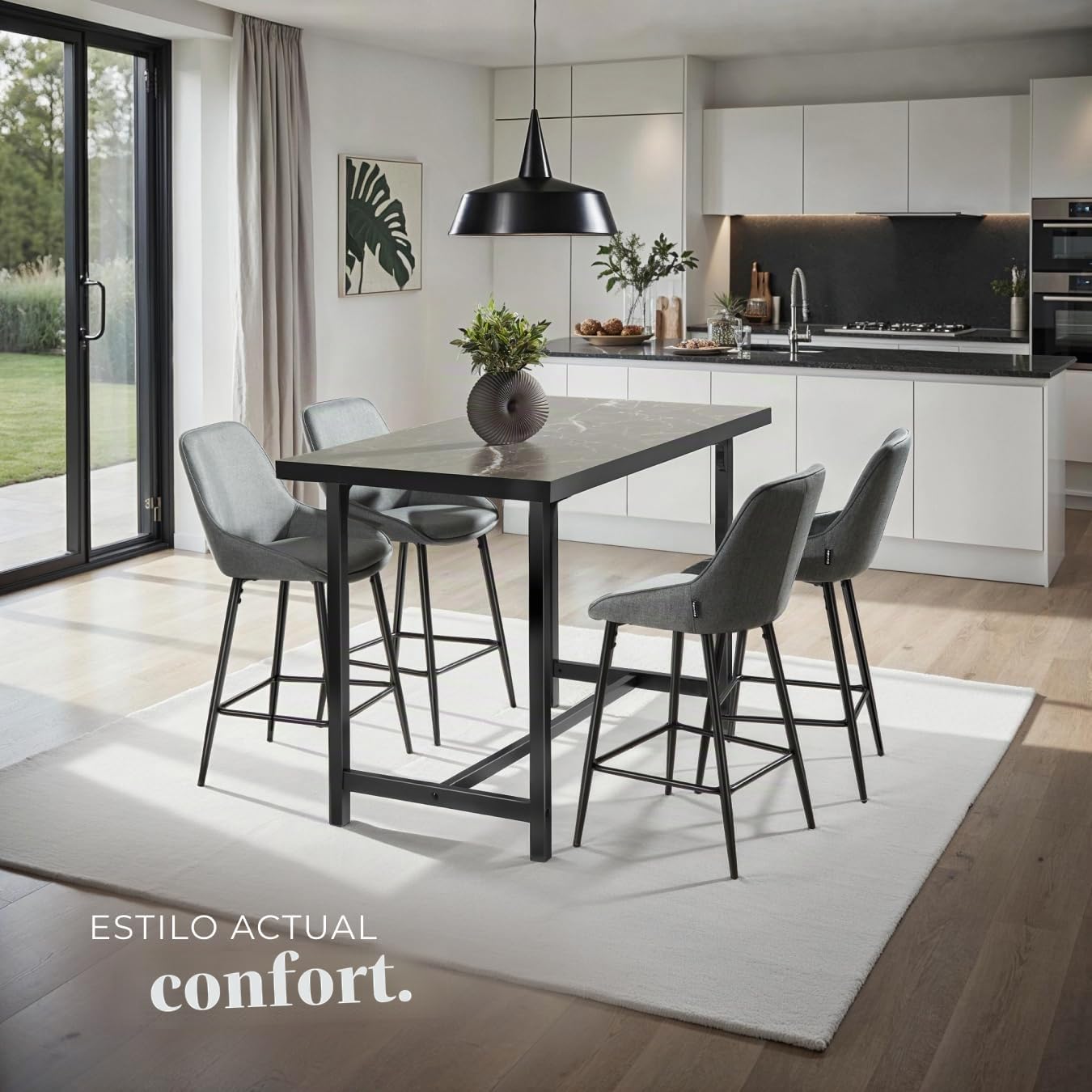 tectake® Taburete Alto con Respaldo, Taburete Cocina con Reposapiés, Silla de Bar Alta, Patas de Acero, Topes Antideslizantes y Regulables, Montaje Rápido, Banqueta - 2 sillas Tejido, Gris/Negro
