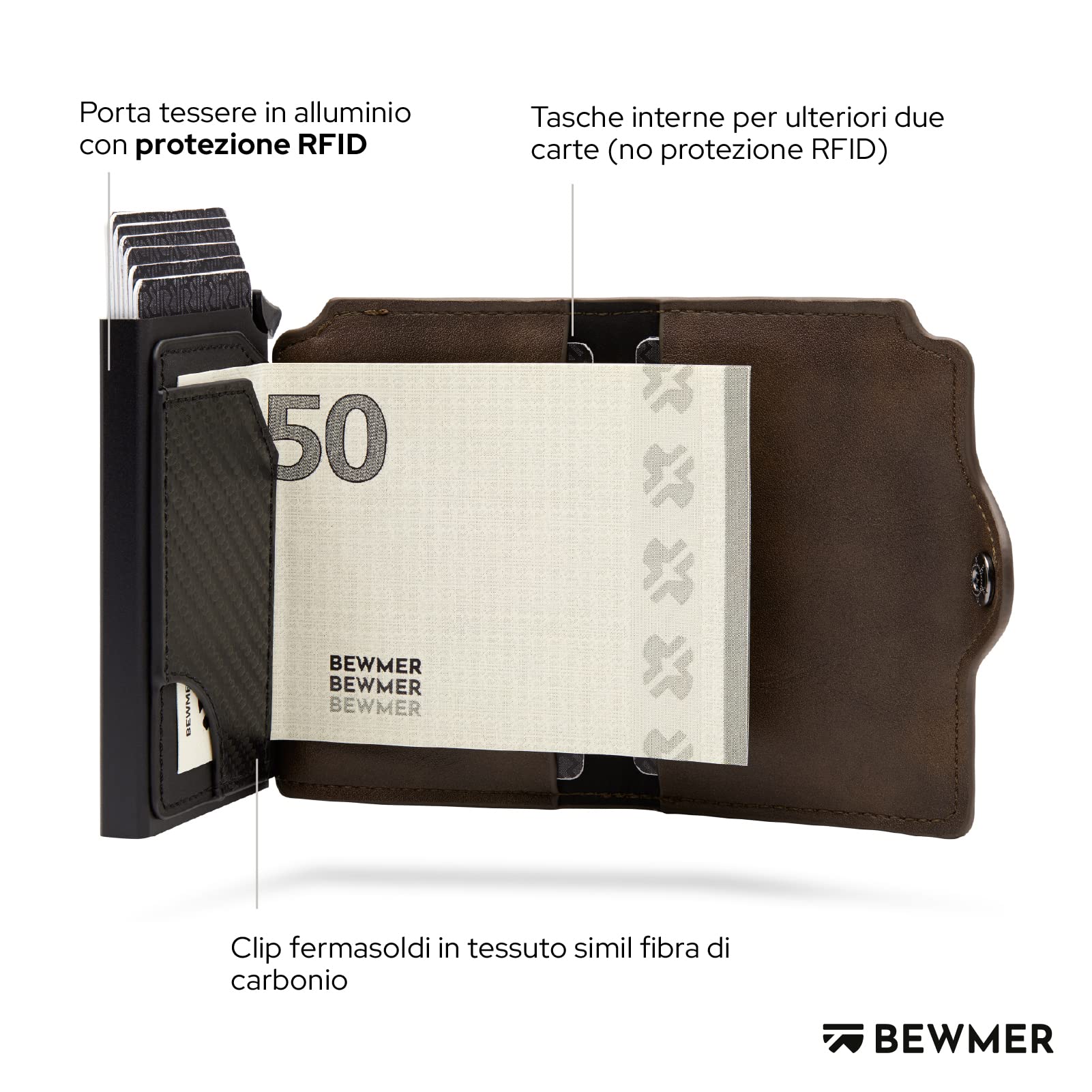 BEWMER Porta Carte di Credito 1 ZIP Schermato | Portafoglio Slim da Uomo e Donna | Porta Tessere e Documenti con Rfid Protection e Fermasoldi in Carbon Fiber (Marrone con Zip)
