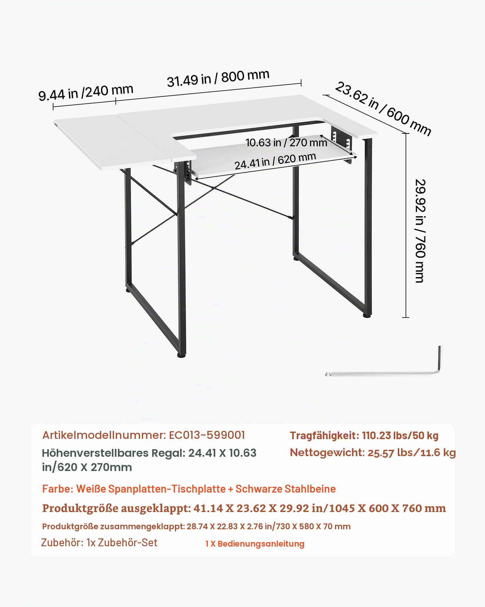 VEVOR Nähtisch Nähmaschinentisch mit klappbarer Tischplatte & Verstellbarer Ablage & Stahlbeinen, Mehrzwecktisch Computertisch für Zuhause Modestudio Kunststudio Bildungseinrichtung, Weiß