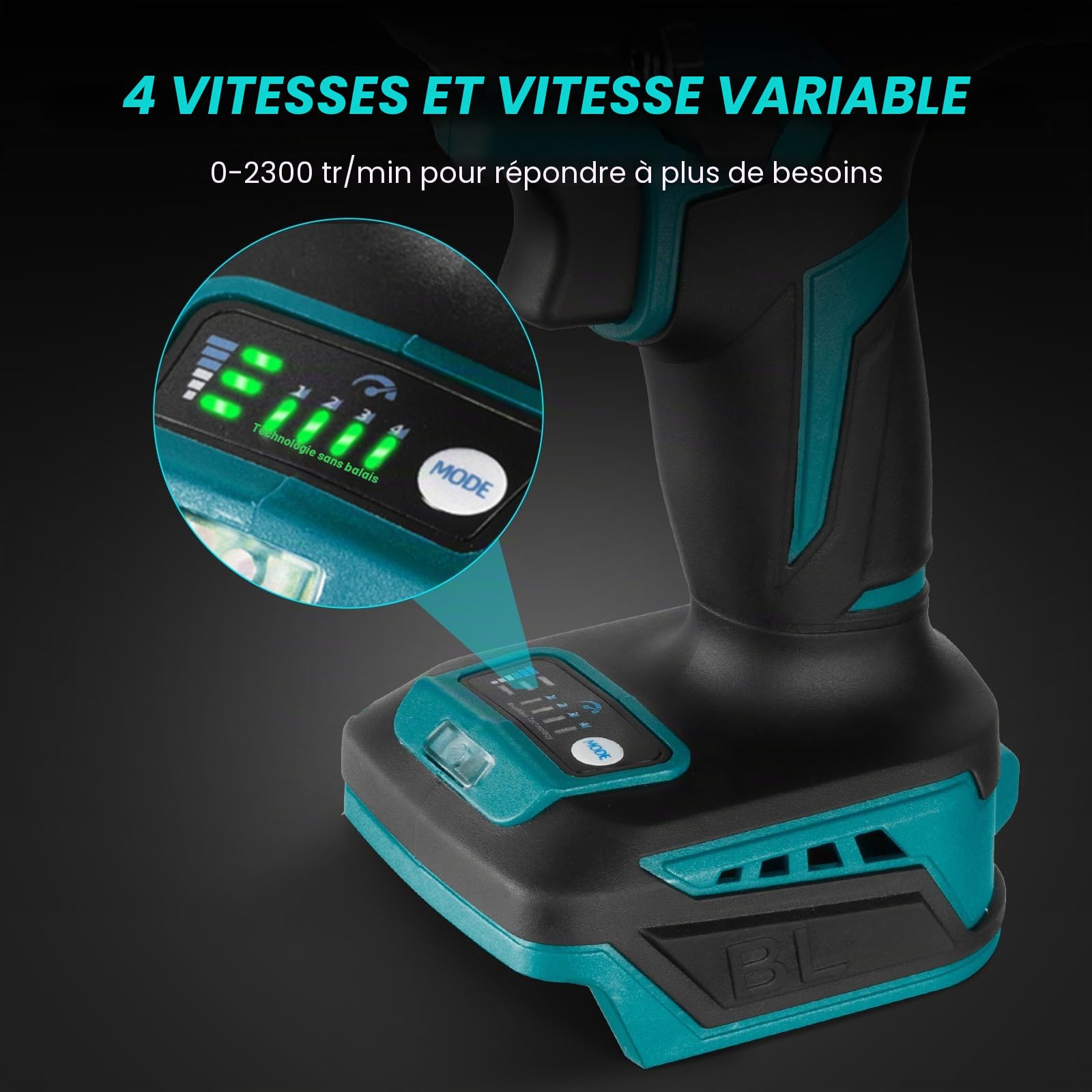 ONEVAN Cle a Choc Sans Fil 700 Nm, avec 2 batteries et jeu de douilles | Sans balais, 2 batteries de 3000 mAh, 4 vitesses, avant et arrière, inclut une boîte à outils et un adaptateur de perçage