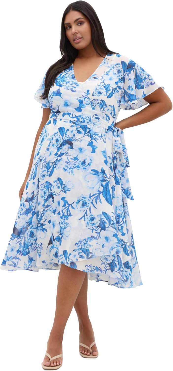 City Chic Plus Size Dress - Short Sleeve Bluebell Print Wrap Midi