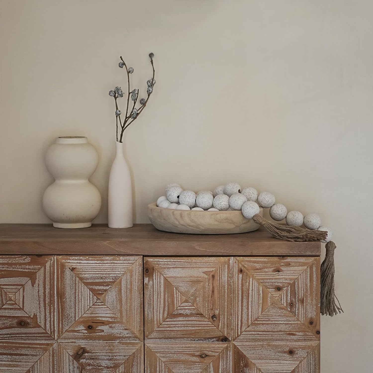 Extra Large Wood Bead Garland with 1.6" Diameter Wood Beads, Wooden Beads Garland with Tassels, Decorative Beads Home Decor, Farmhouse Beads Decor (Rustic White, 67 Inches)