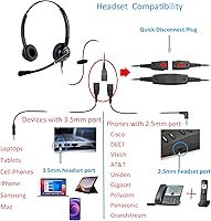 Vista 2 de Auriculares de 0.098 in con micrófono con cancelación de ruido para teléfono Panasonic, incluye conector de 0.138 in para teléfono inteligente, PC