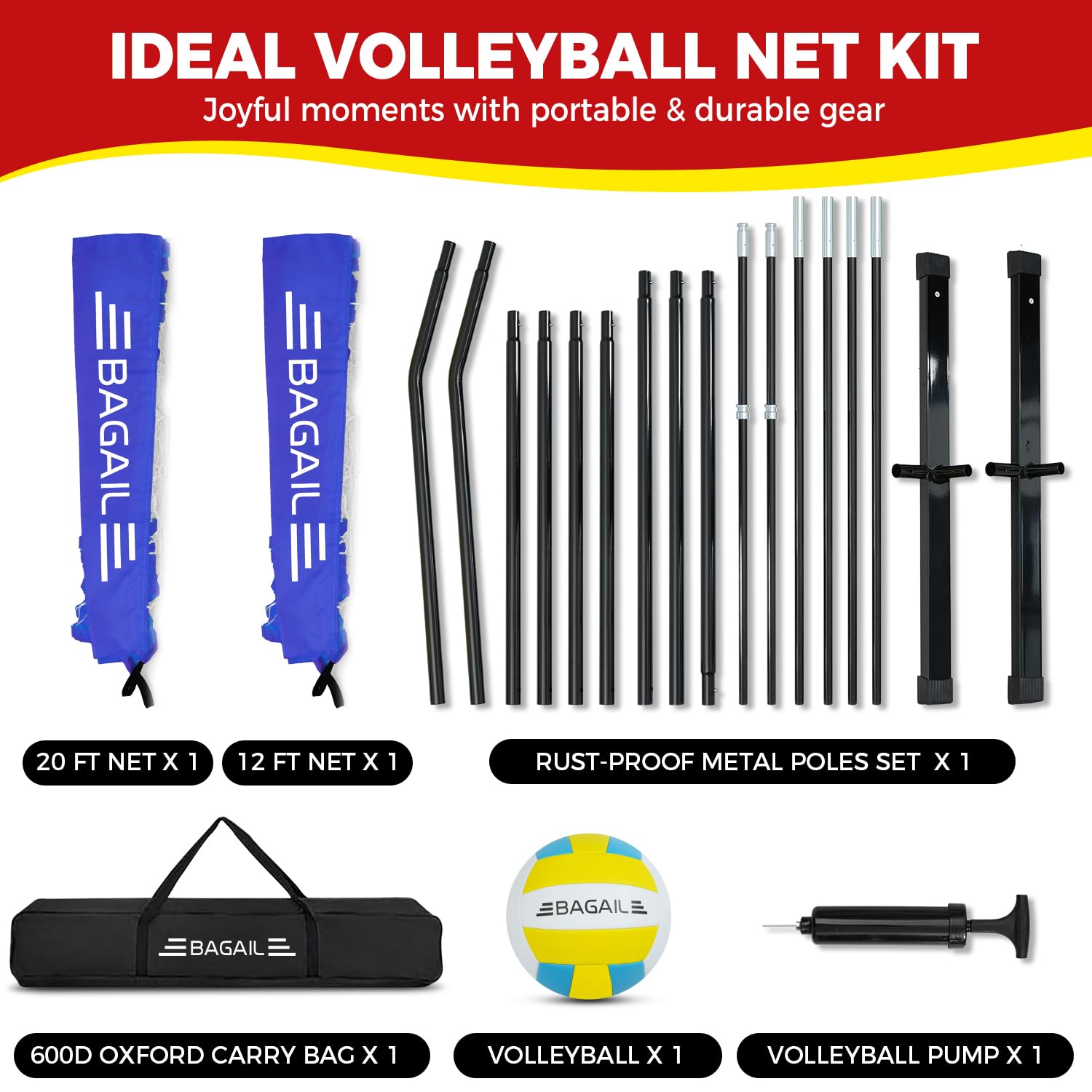 BAGAIL Rete da Pallavolo, Rete da Pallavolo Portatile da Giardino 12ft/20ft - Regolabile in Altezza, Telaio Resistente, Design Indipendente - Set da Pallavolo Portatile per Esterni e Interni