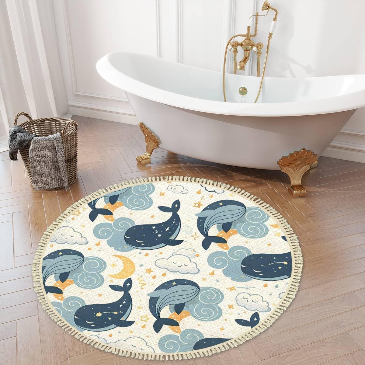 Ocean Beach Area Rugs Cute Whales Sleeping Clouds Fantasy Marine Animal Round Boho Area Rug Carpet Playmat Washable Hallway Runner Mat for Nursery Kid Room Bedroom Decoration Children Gift 4ft