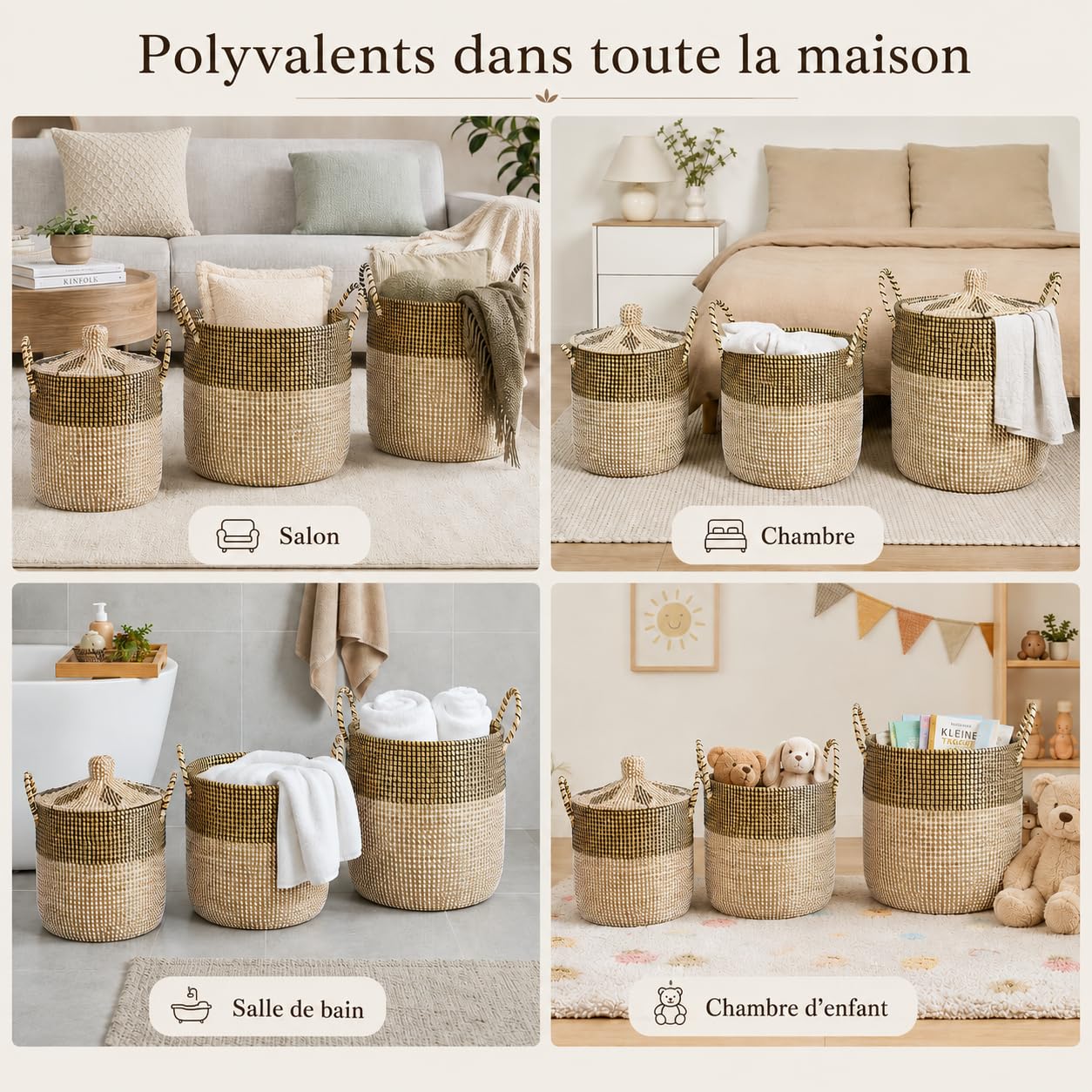 Panier de Rangement Herbe de Mer Artisanal Vietnam Set de 3 avec Doublure Amovible 75.99L/42.99L/25.65L