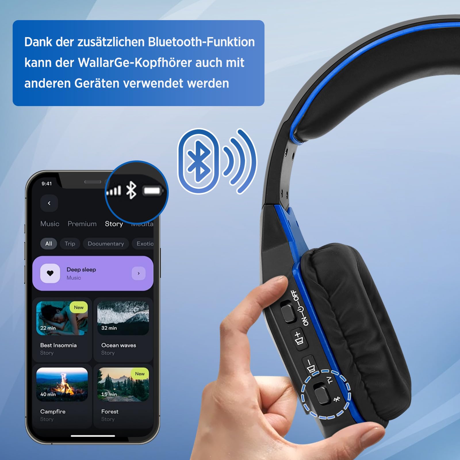 WallarGe Funkkopfhörer für Fernseher/TV, Over-Ear kabellose kopfhörer mit RF Digitales Ladestation mit Reichweite 33 m, mit Optisches und Aux Port (Schwarz & Blau)