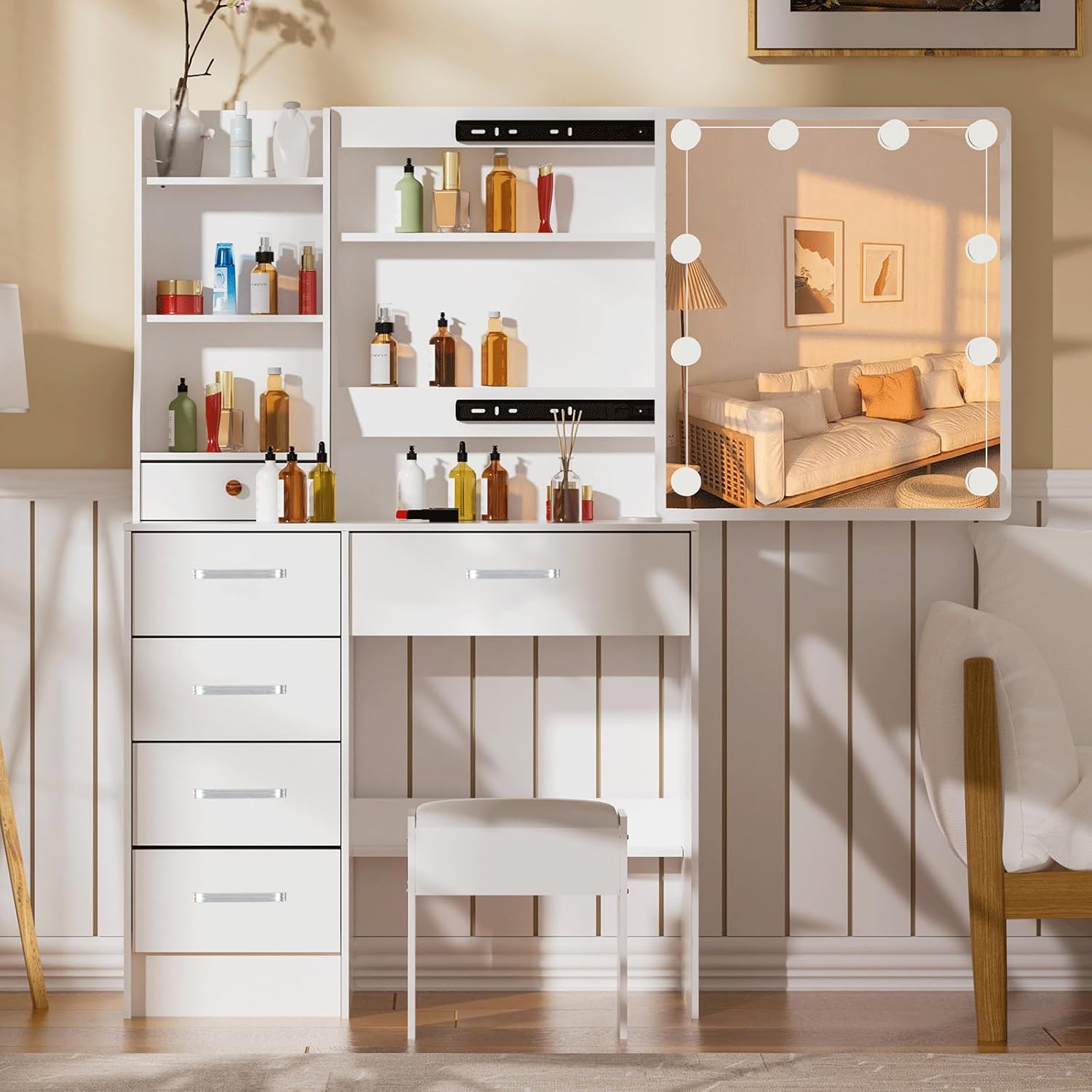 Vanity Desk with Mirror and Lights, Makeup Vanity Desk with Lights 3 Colors, Dressing Table with Drawers and Shelves for Girls and Women