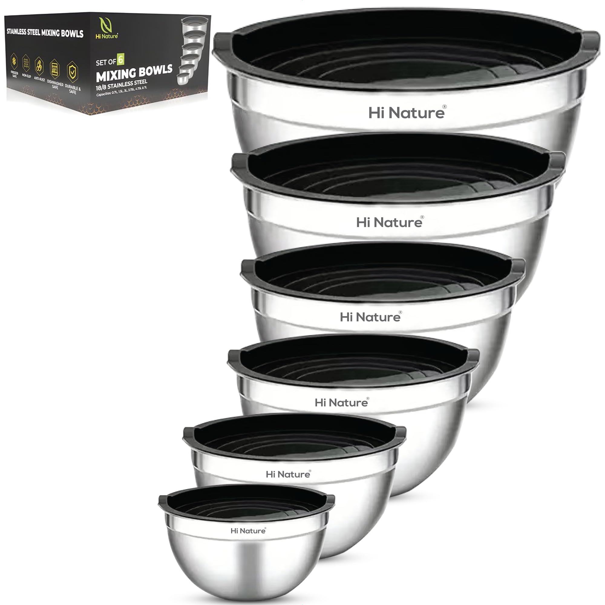 Hi Nature™ Rührschüssel Set mit Deckel Edelstahl – 6-teiliges Edelstahl Rührschüssel Set mit Deckel – Schüsselset rutschfest & stapelbar – Spülmaschinenfest – Schalen 1.4L/1.9L/2.4L/3.2L/5L /6.5L