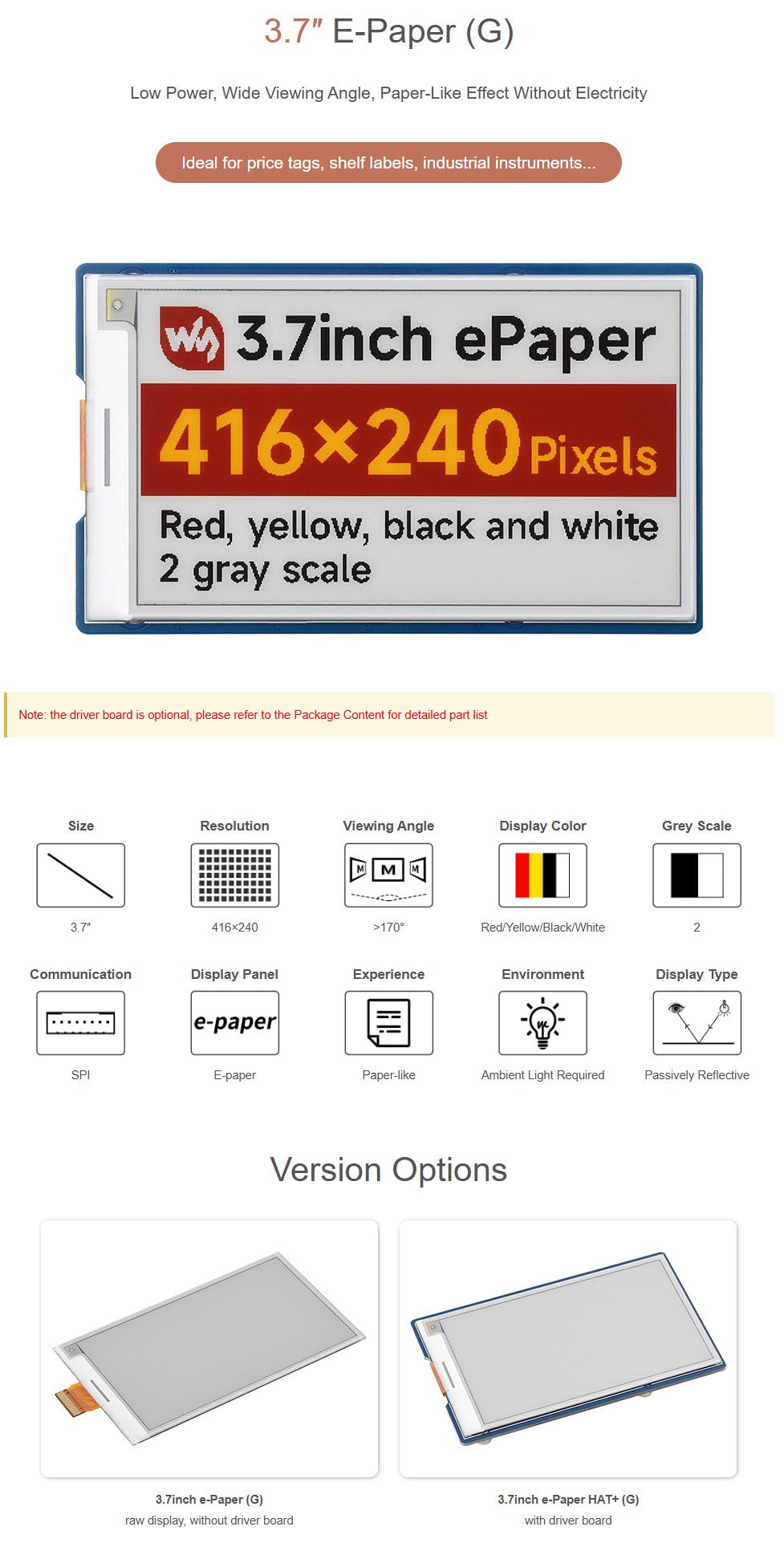 3.7inch e-Paper HAT+ Display (G), E-Ink Screen, 416x240 Resolution, Red/Yellow/Black/White, SPI Interface, Compatible with Raspberry Pi, Jetson Nano, Arduino, STM32, ESP32