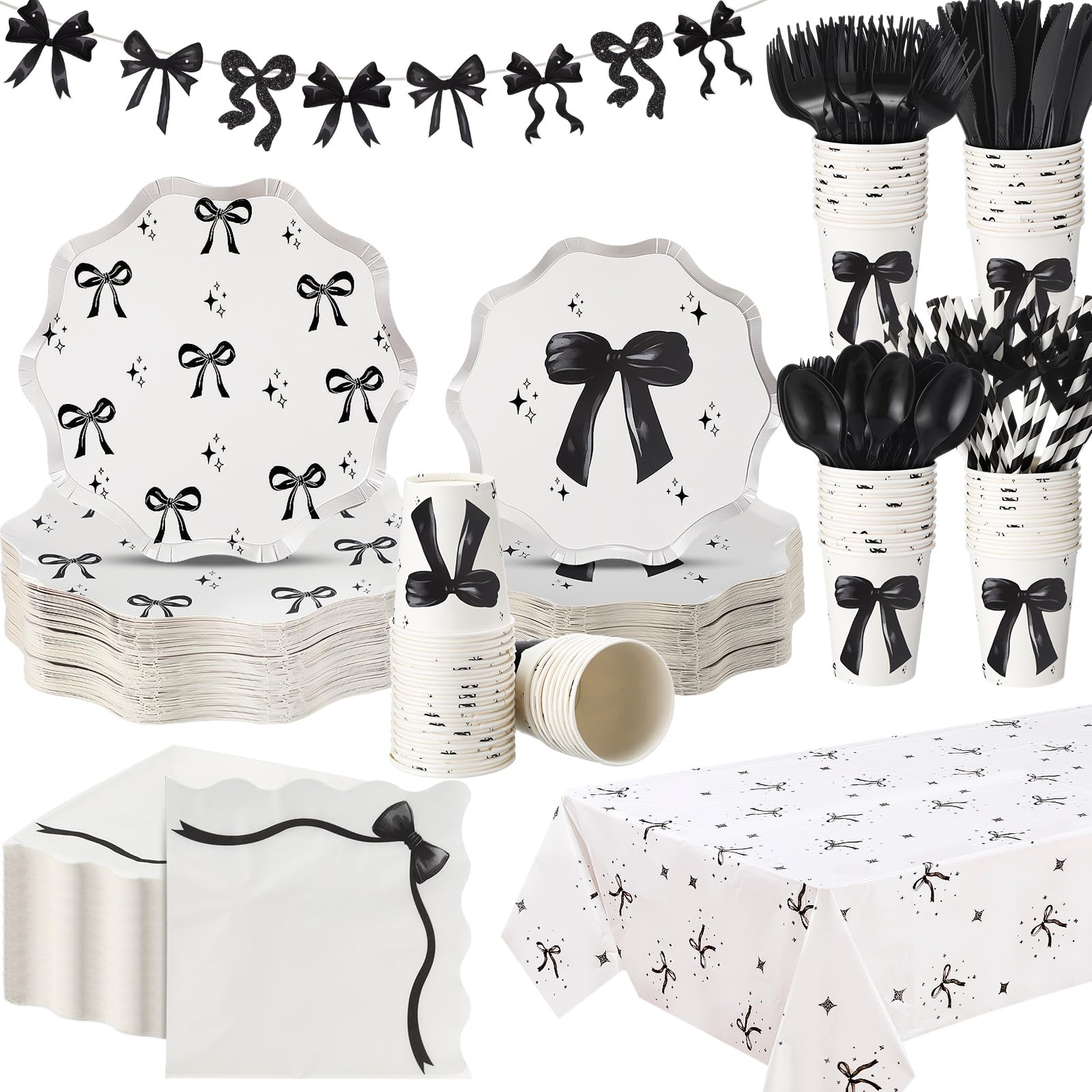 Sawysine 202 Pcs Black and White Bow Party Supplies Serve 25 Coquette Birthday Decoration Include Plates Cups Napkins Plastic Tableware Straw Banner