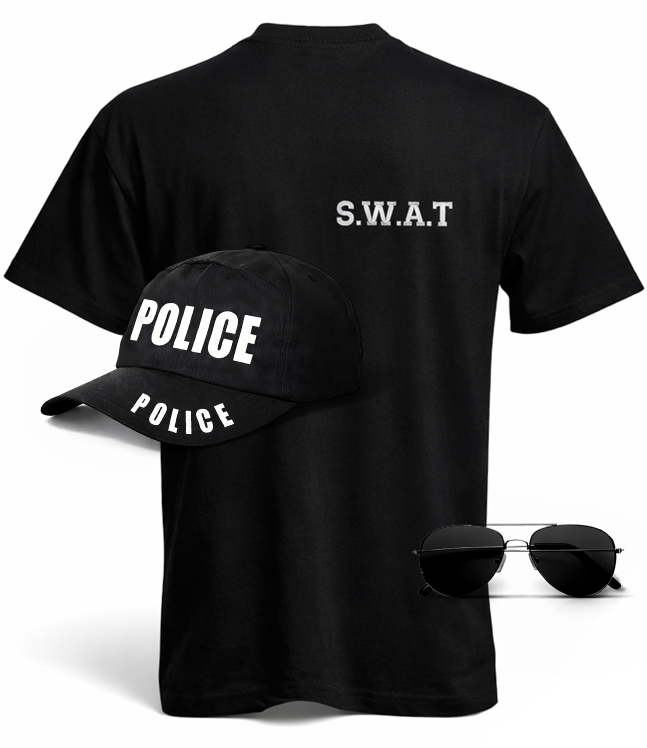 Your Choice Fashion SWAT Police Tactical Outfit Set for Men | Black SWAT Printed Cotton T-Shirt with Adjustable Police Cap & Tactical Glasses | Streetwear, Costume & Casual Wear (XXL)