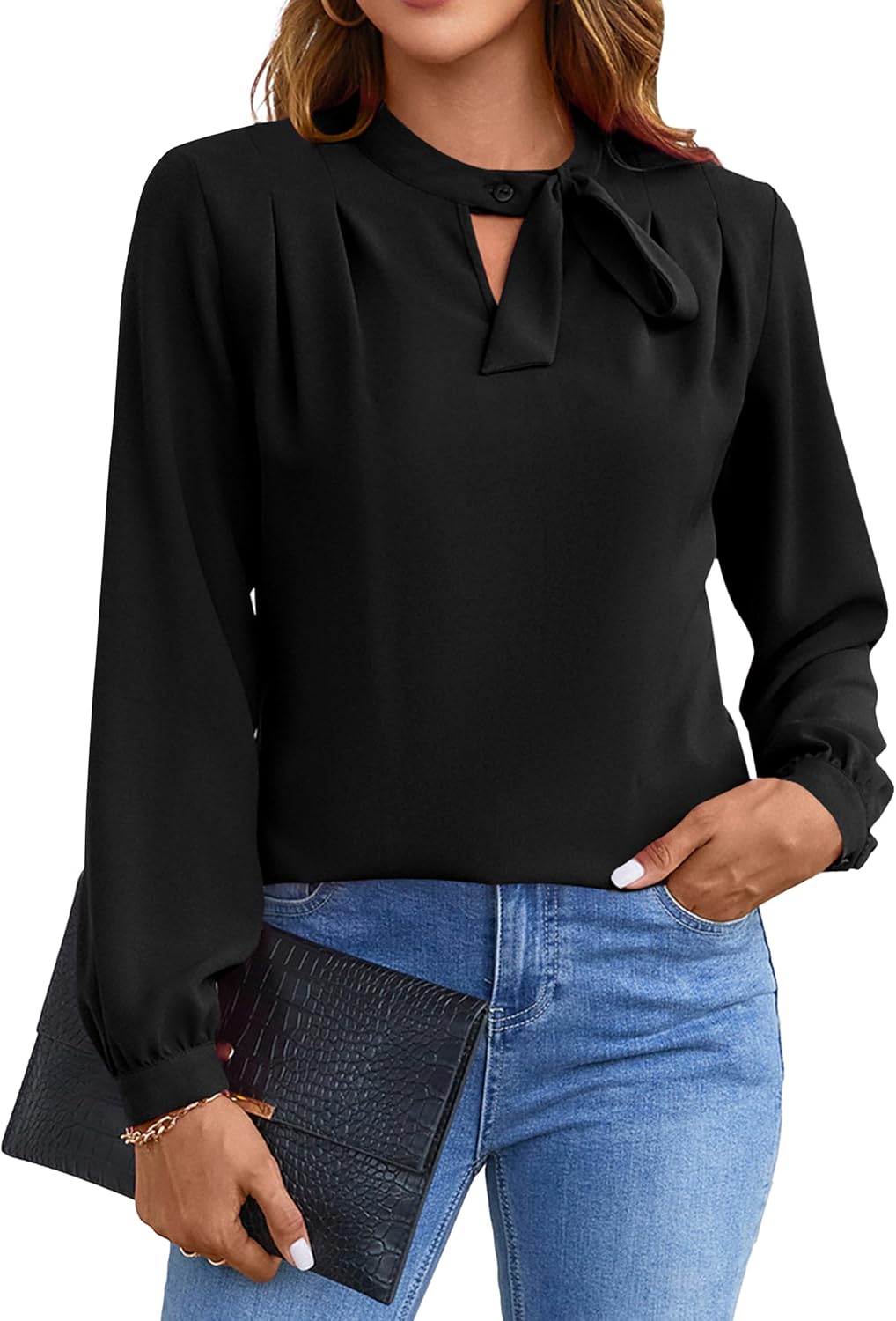 Blooming Jelly Womens Business Casual Tops Elegant Tie Neck Long Sleeve Dressy Fall Blouses 2024 Ladies Trendy Work Shirts