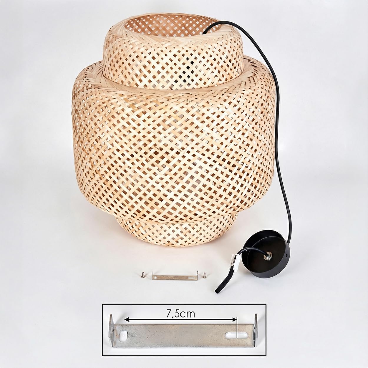 Lámpara de techo Vireda HOFSTEIN, moderna de metal/bambú en blanco/natural, diseño boho, pantalla con efecto de rejilla (Ø 45 cm), altura ajustable máx. 146 cm, E27, salón, comedor, cocina, pasillo