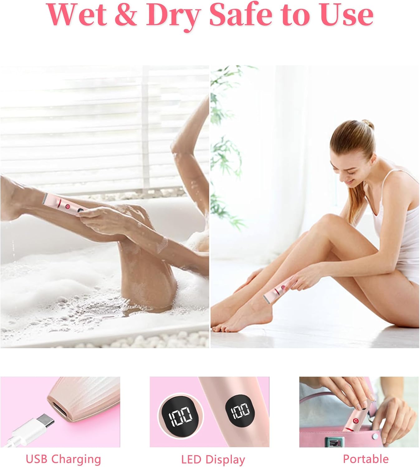 Bikini Trimmer for Women Pubic Hair: 3 in 1 Rechargeable Electric Razors with LED Display, IPX6 Waterproof Shaver for Underarm, Leg, Arm & Body (Pink)