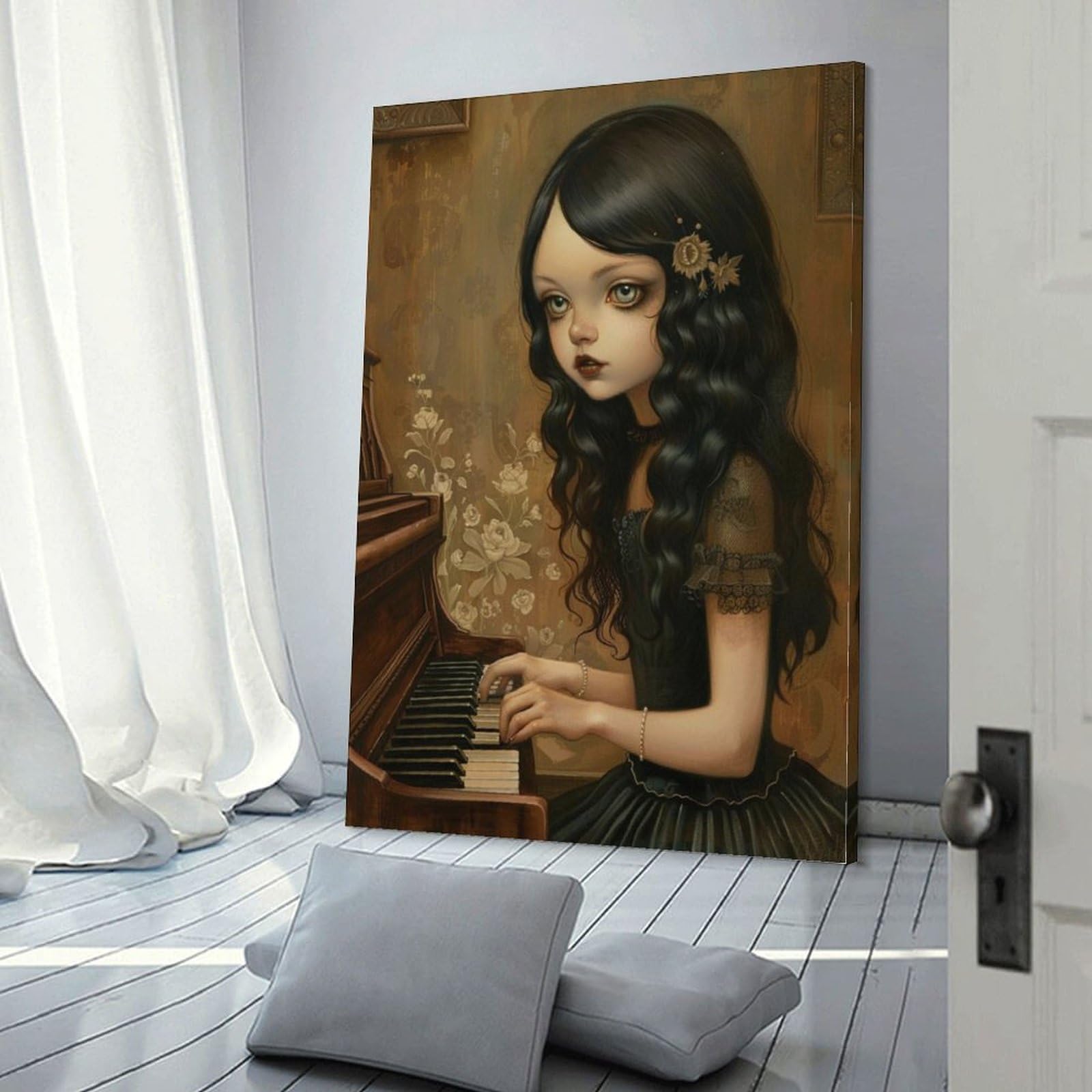 NFFBGFD Mädchen Spielt Klavie - Poster su tela, decorazione per camera da letto, ufficio, stanza, regalo, 60 x 90 cm