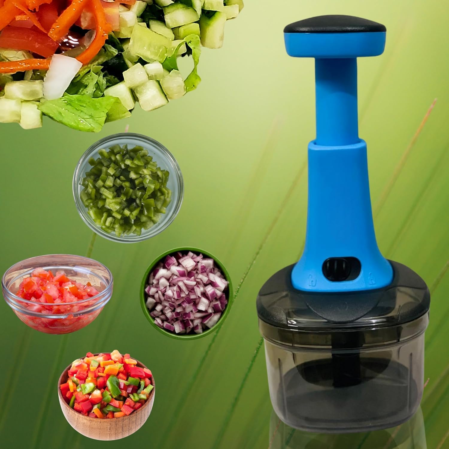 H S Impex Senso Clever Chop Manual Hand Press Chopper – 3 Sharp Blades for Effortless Vegetable & Fruit Chopping, 500ML | Durable, Easy to Use & Compact Design (Multicolor) (Blue)-image-33