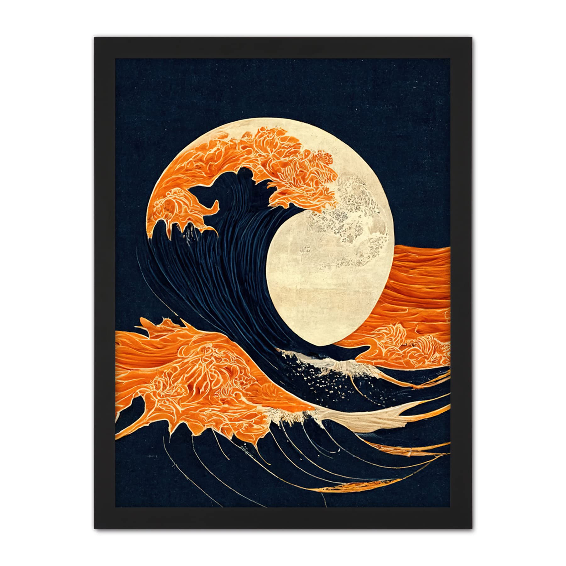 Wee Blue Coo The Great Wave at Full Moon Modern Japanese Seascape Woodblock Artwork Framed Wall Art Print 18X24 Inch