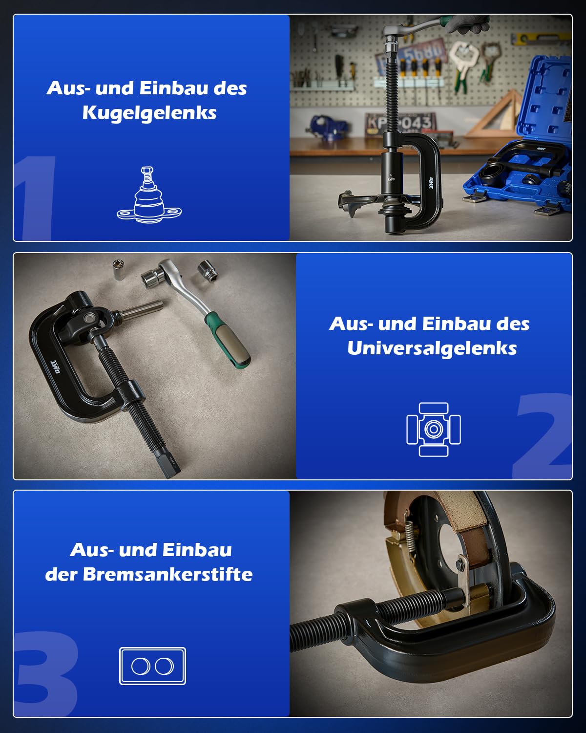 Orion Motor Tech 10 TLG 4 in 1 Traggelenk Kugelgelenk Abzieher Ausdrücker 4 x 4 Radnaben Kreuzgelenke Traggelenk Werkzeug Universal Kugelgelenk Auspresswerkzeug Set