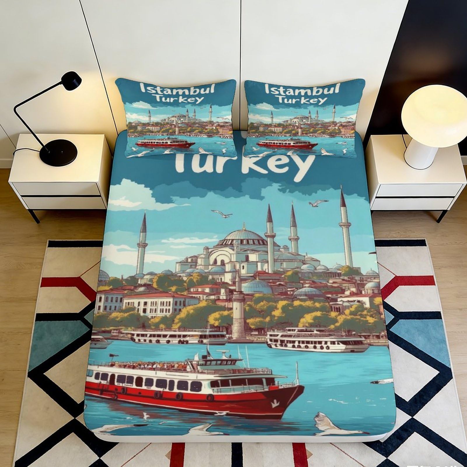3D Printed Istanbul Cityscape Fitted Sheet Microfiber Soft Breathable Turkey Landmark Mattress Cover Decor 200x200x25cm