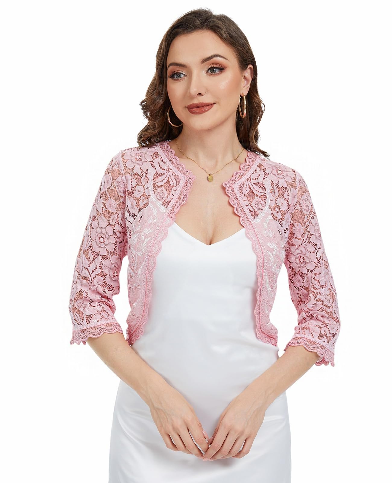 Ellunis Women's Elegant 3/4 Sleeve Bolero Shrug Open Front Sheer Floral Lace Cropped Cardigan for Evening Dress