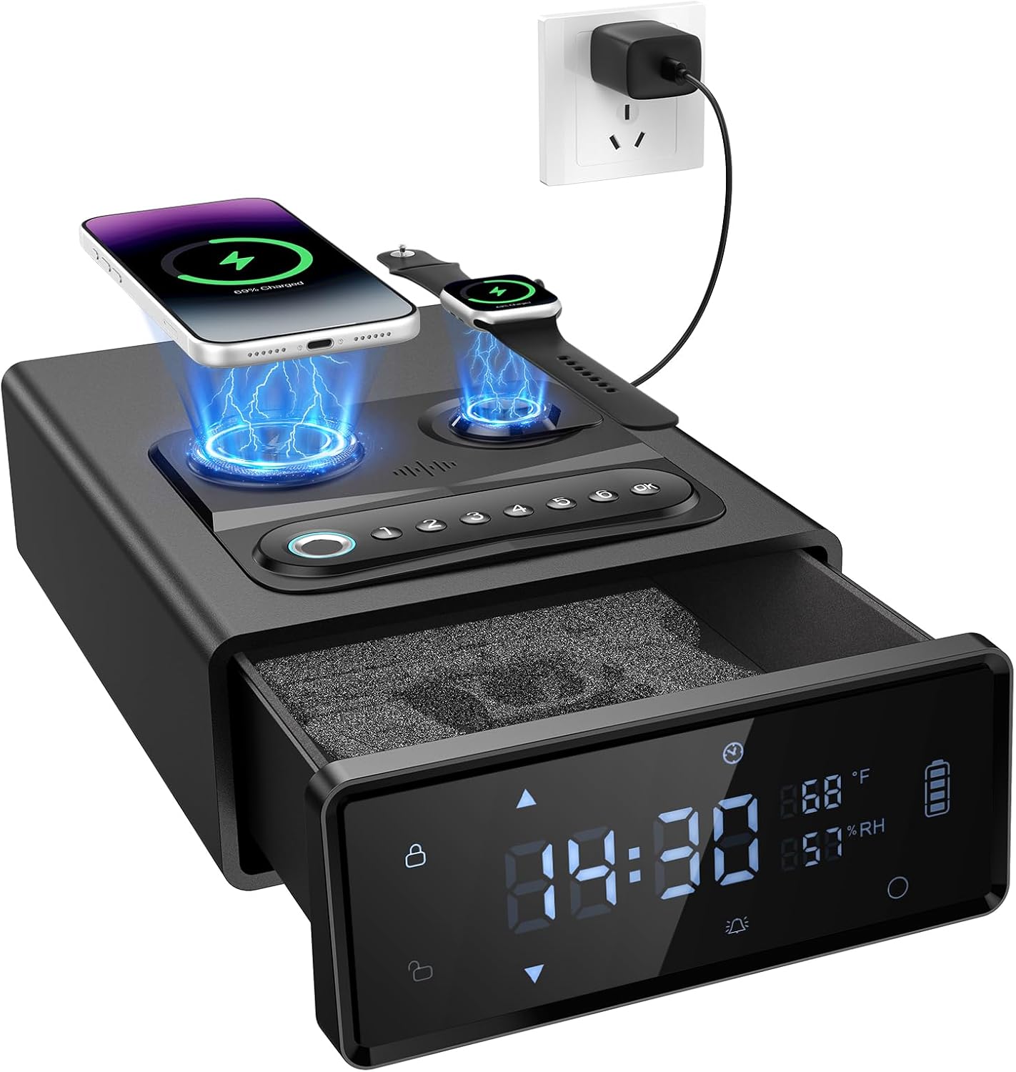CVLIFE Biometric Gun Safe with 2-in-1 Watch & Phone Wireless Charging, 4 Quick Access Clock Handgun Safe, 24/7 Digital Clock, Pistol Safe with Adjustable Brightness and Volume, and Auto Pop-Up Access