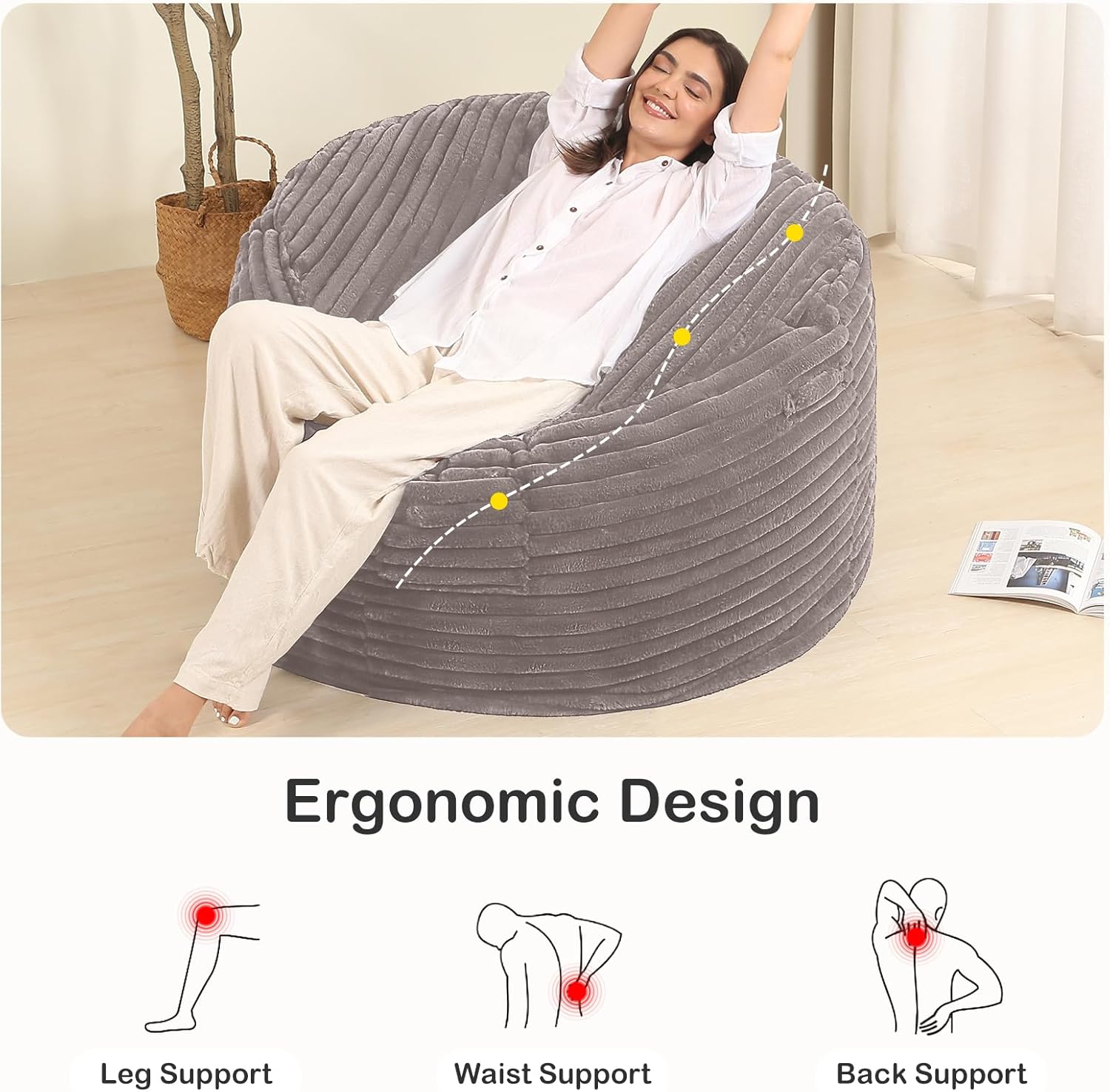 3FT Bean Bag Chair for Adults/Teens, Memory Foam Bean Bag Sofa with Fluffy Removable Cover, for Living Room, Bedroom, Dorm, Grey