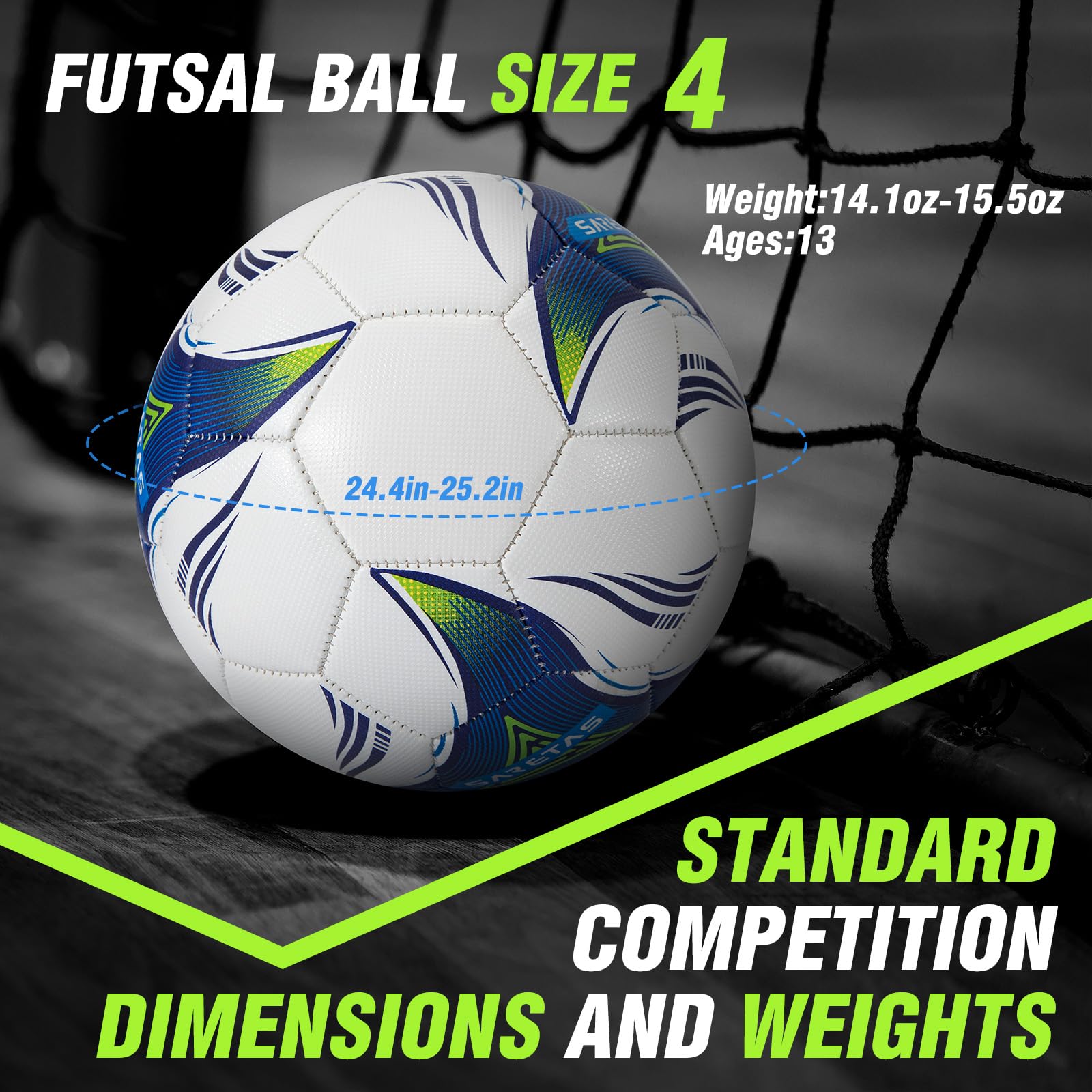 Saretas Size 4 Soccer Ball, Futsal Ball&Indoor Soccer Ball Low Bounce Ball, PU Leather Practice Futsal Ball, Official Size and Weight for Age 13+ Boys and Girls