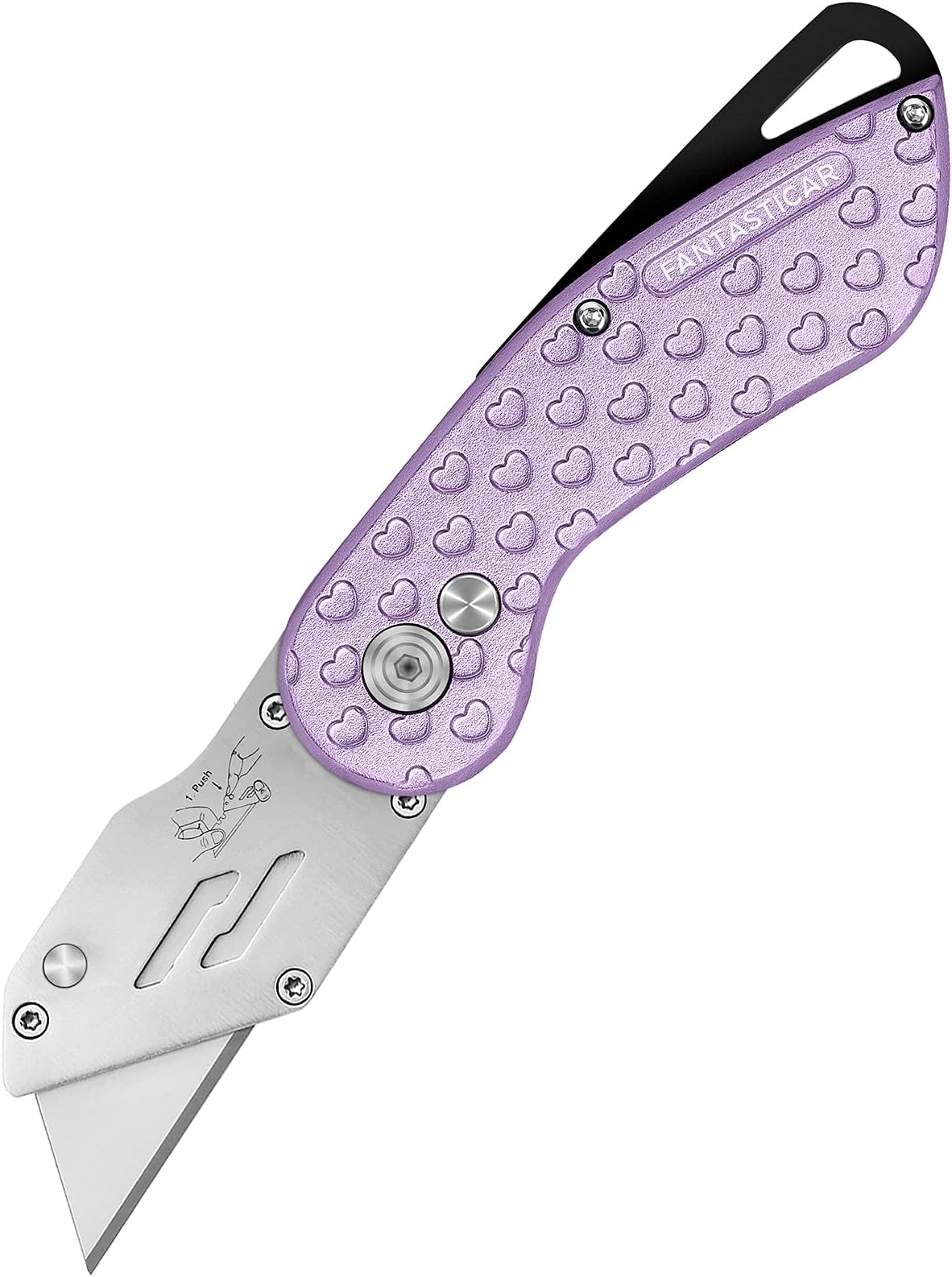 FantastiCAR Folding Utility Knife, Cute Metal Box Cutter with Extra 5 Sharp Blades, Quick Blade Change, and Preminium Gift Packaging, for Cardboard Opener, Paper Cutter (Purple Hearts)