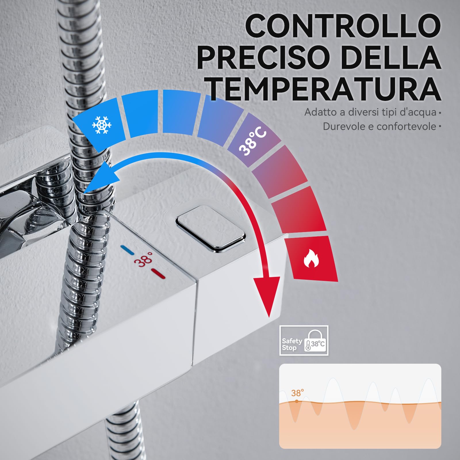 Auralum Colonna Doccia con Miscelatore Termostatico, Miscelatore Doccia Esterno, Saliscendi Doccia con Soffione Doccia 30*19cm e Doccetta 3 Getti, Saliscendi Doccia Altezza Regolabile 90-125cm, Cromo