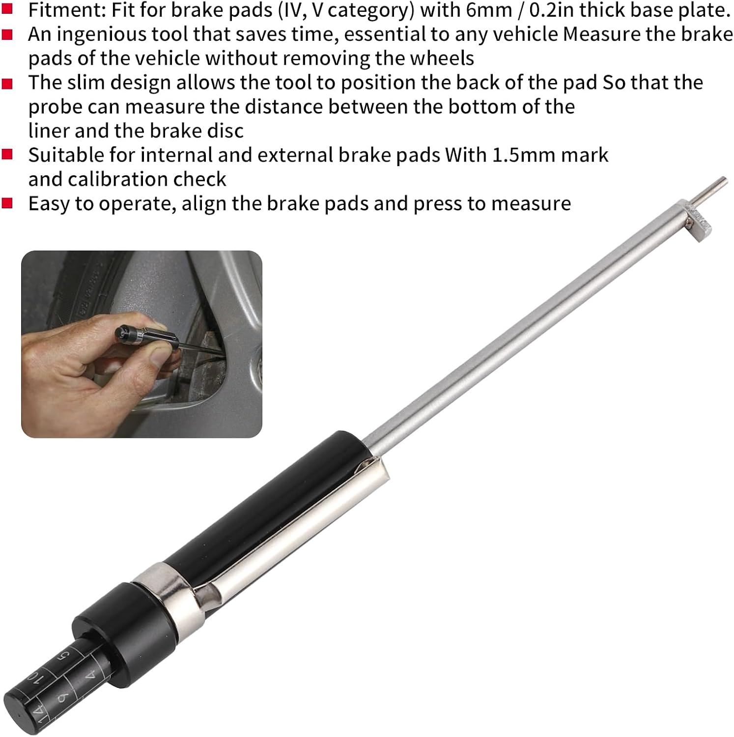 Brake Pad Measuring Tool, 5.3 x 0.5in Brake Pad Gauge Tool, Stainless Steel and ABS Brake Pad Thickness Gauge for Measuring Brake Pads with 0.2in Thick Base Plate