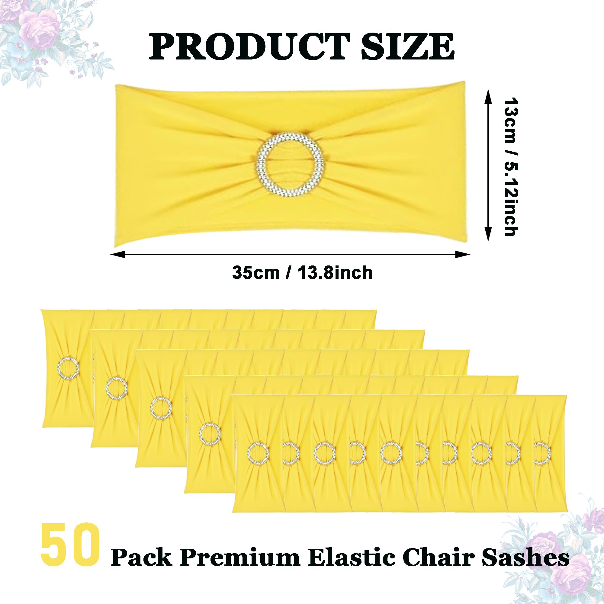 50 Bandas Elásticas para Sillas con Hebilla, Lazos Elásticos para Silla para Decoración de Sillas, Bodas, Banquetes, Recepciones, Fiestas De Cumpleaños (Amarillo)