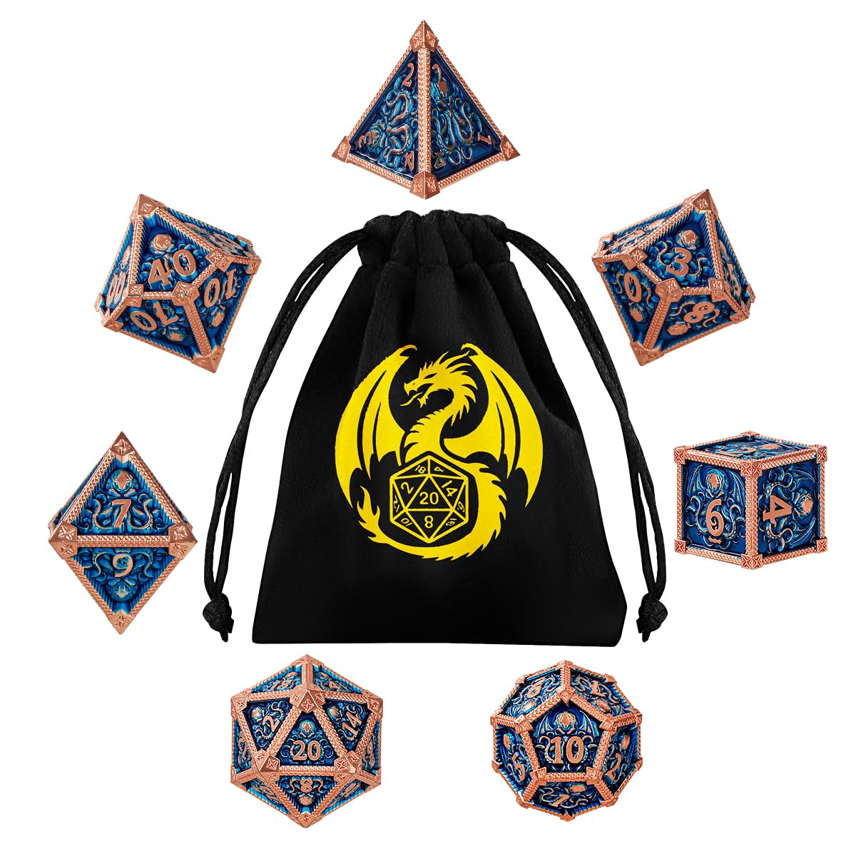 Metal Dice Set, Octopus Pattern, 7pcs Polyhedral Metal DND Dice Set, DND Starter Set, D&D Gifts with Gift Bag, Role Playing Board Games Accessories, Red Copper Border Blue