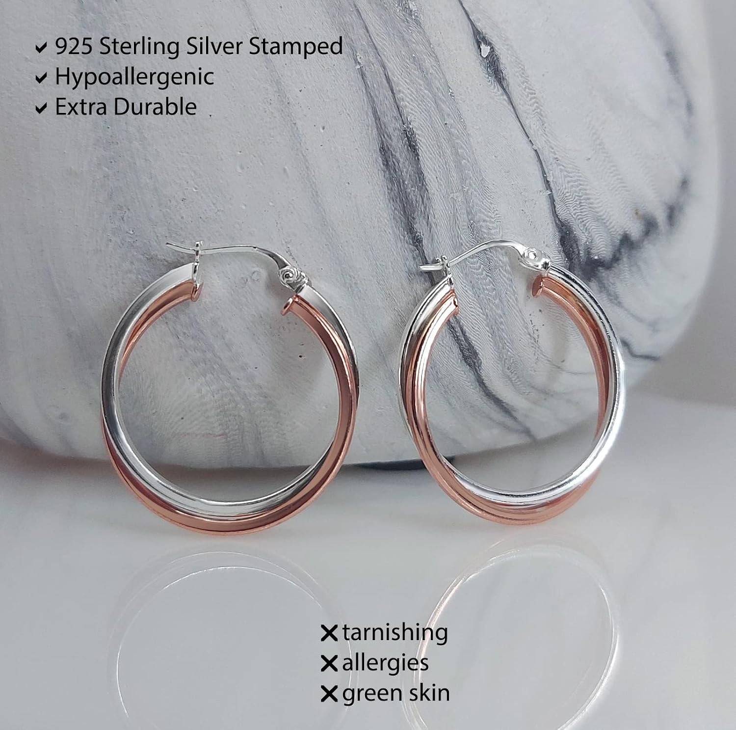 Hoops & Loops 925 Sterling Silver Intertwined Round Hoop Earrings for Women, Two-Tone Layered Trendy Double Square-Tube Hypoallergenic Click-Top Hoops, 20mm, 25mm, 35mm Silver, 14k Yellow Gold, Rose Gold, Black Flash Plated