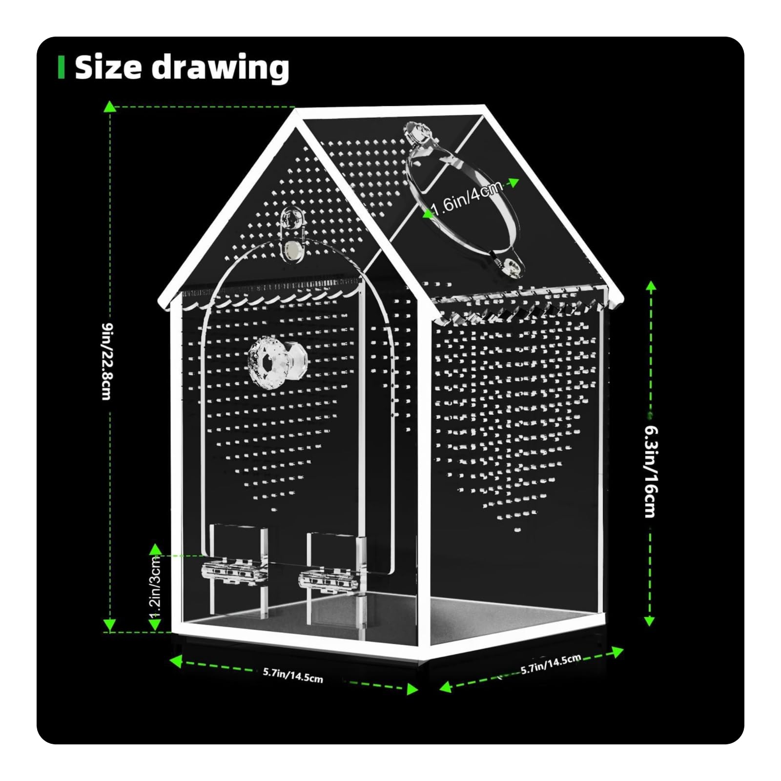 Terrario Acrílico para Reptiles Caja Hábitat Vivario Transparente con Diseño de Techo a Puerta Delantera y Orificio de Comida Base Rígida para, 5.7x5.7x9 Pulgadas
