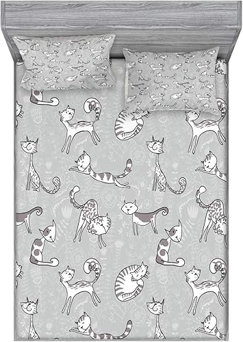 Ambesonne Juego de sábanas bajeras y fundas de almohada grises, gatos posando sobre fondo floral, impresiones artísticas de dibujos animados de