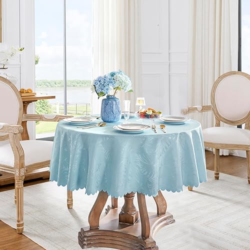 Miniatura 2 de Mantel redondo azul con patrón de hojas con borde festoneado, sedoso, suave, impermeable, lavable, de 50 pulgadas, para comedor, cocina, picnic,