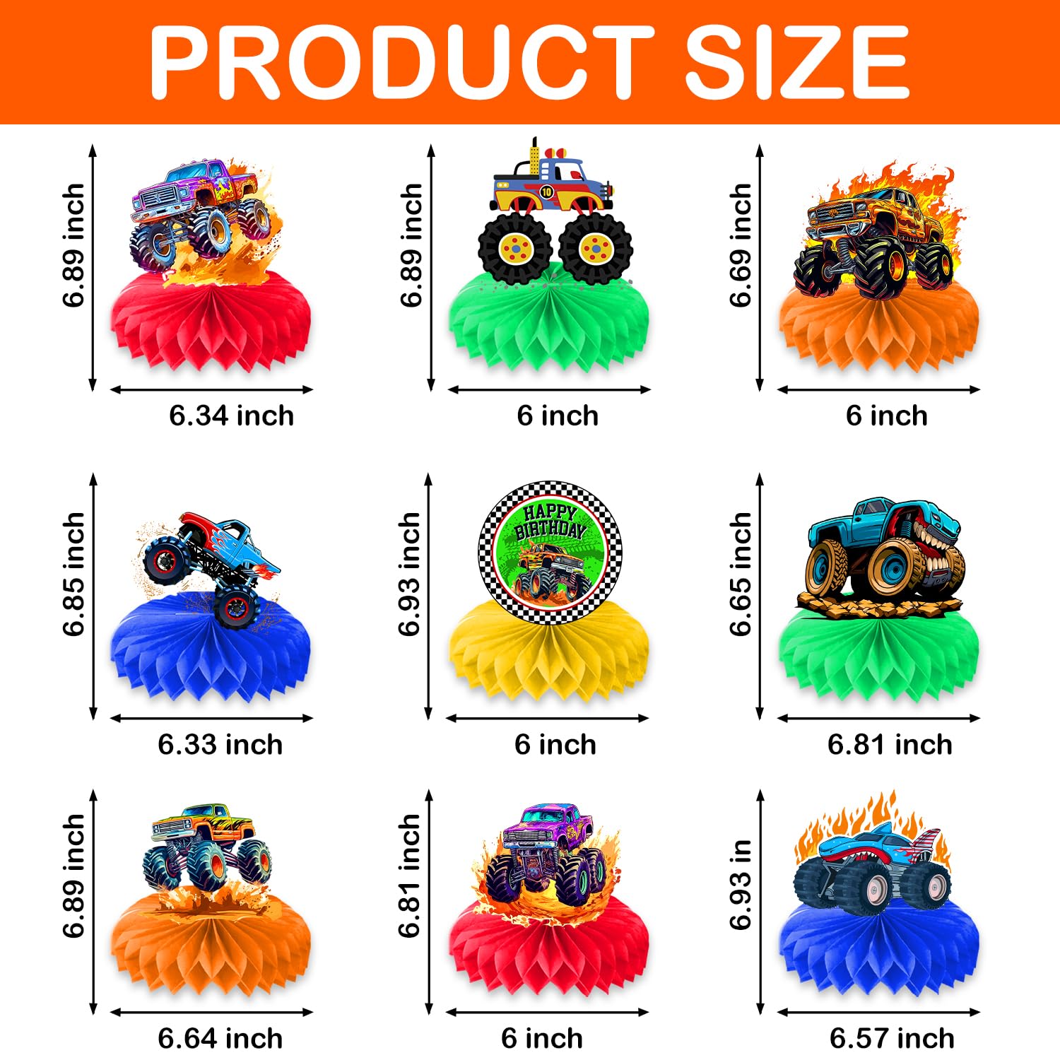 9PCS Monster Truck Honeycomb Centerpieces Themed Birthday Party Decorations Centerpiece Table Decoration Party Favors Decor Supplies Gifts for Boys Girls Men Women